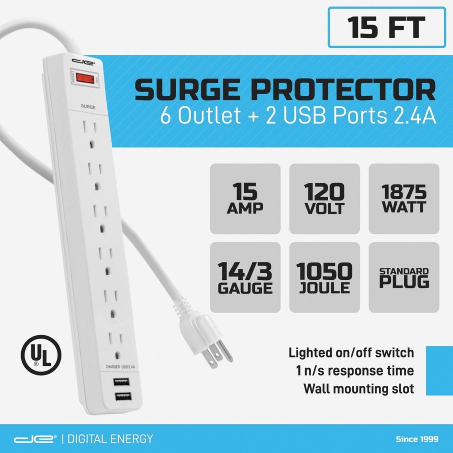 Digital Energy World 6-Outlet Surge Protector Power Strip with 2 USB Ports and 15-Foot Cord (White) - 6 x AC Power, 2 x USB - 1875 VA - 1050 J - 120 V AC Input - 15 ft - Image 6