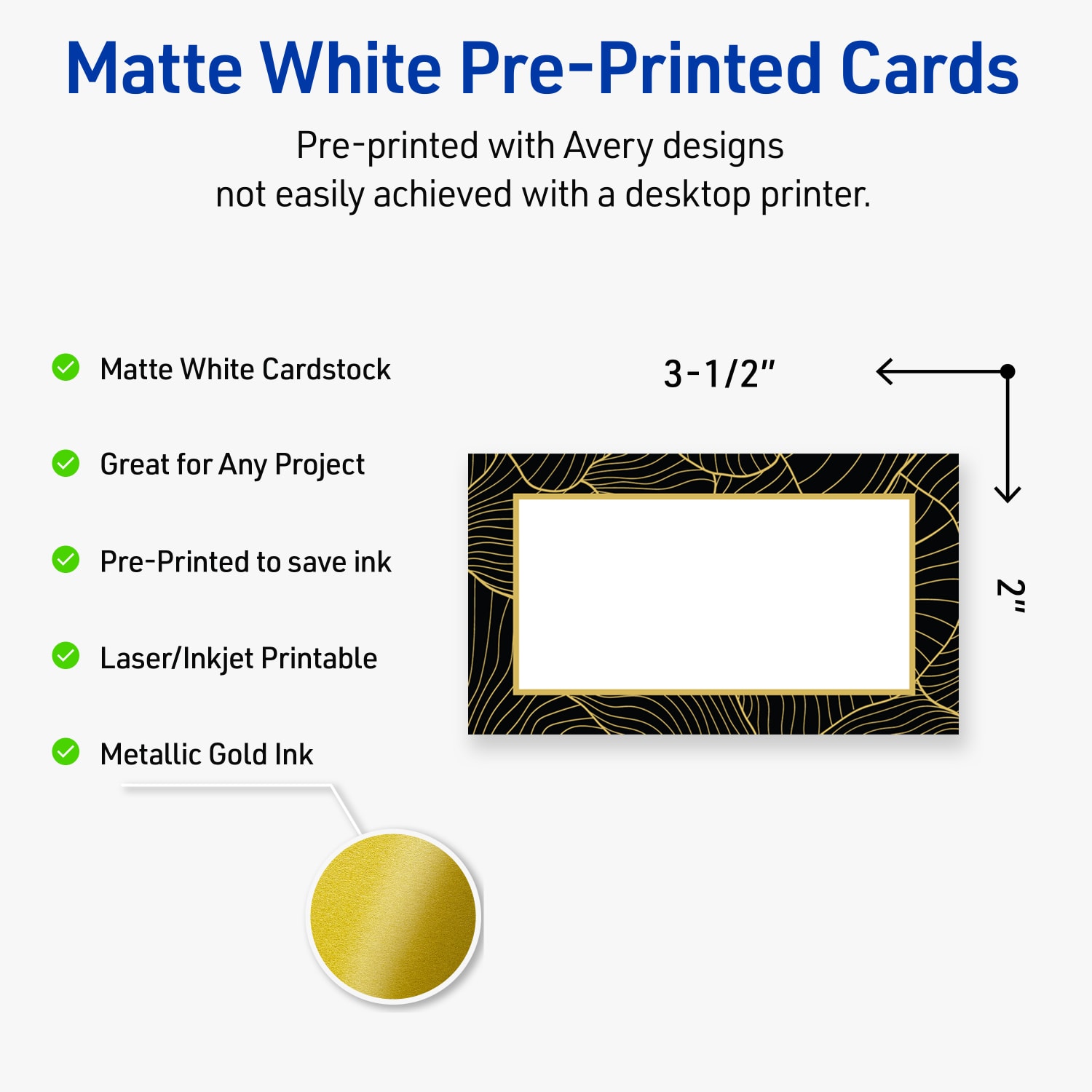 Avery Printable Cards With Sure Feed Technology, 2in x 3-1/2in, Matte White With Black Border with Gold Pattern, Pack Of 80 - Image 4