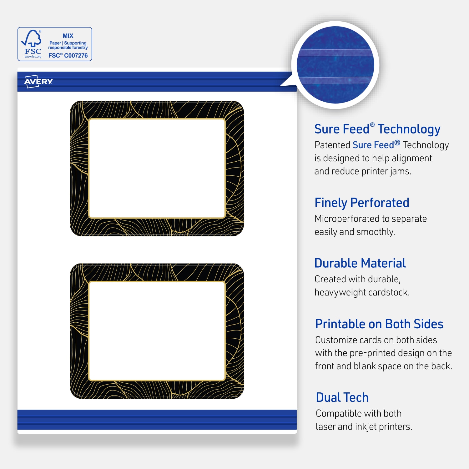Avery Printable Cards With Sure Feed Technology, 2in x 3-1/2in, Matte White With Black Border with Gold Pattern, Pack Of 80 - Image 5