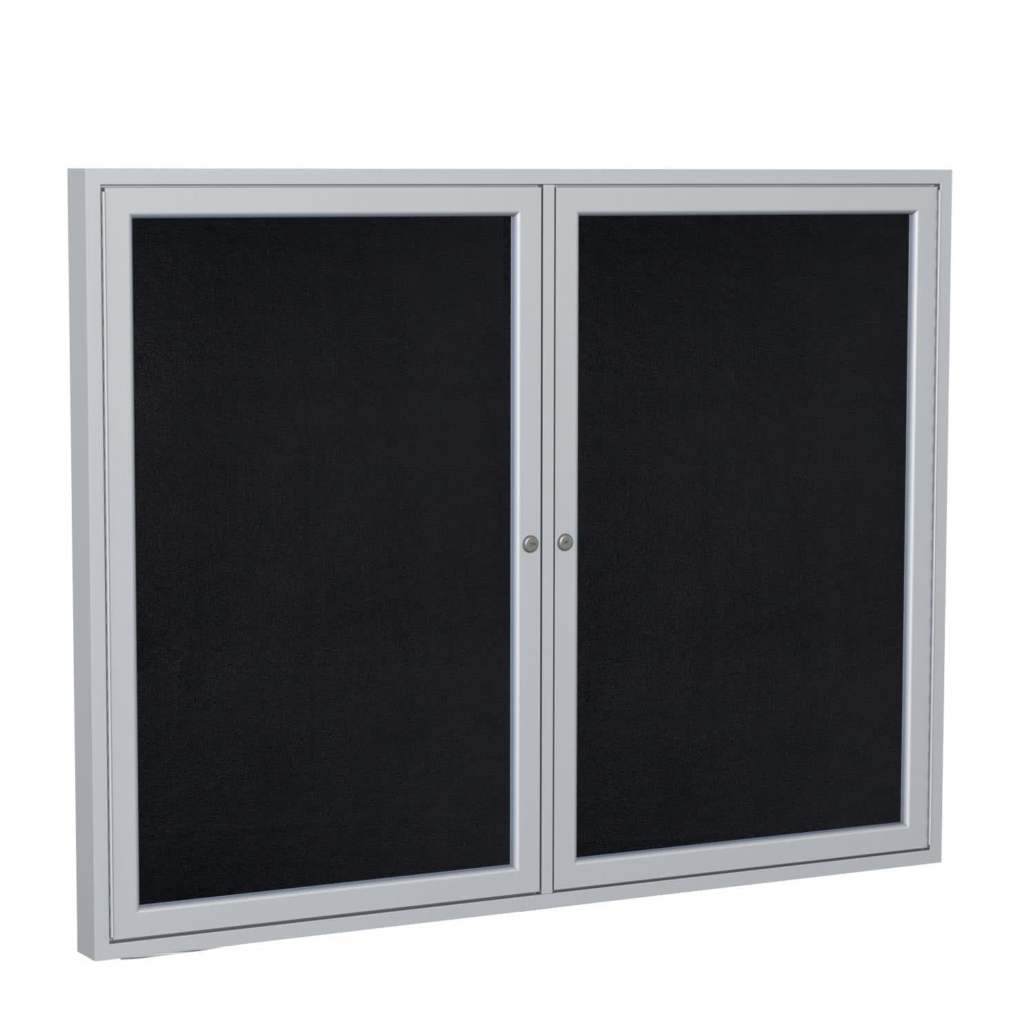 Ghent 2 Door Enclosed Recycled Rubber Bulletin Board, Satin Aluminum Frame, 36inH x 60inW, Black