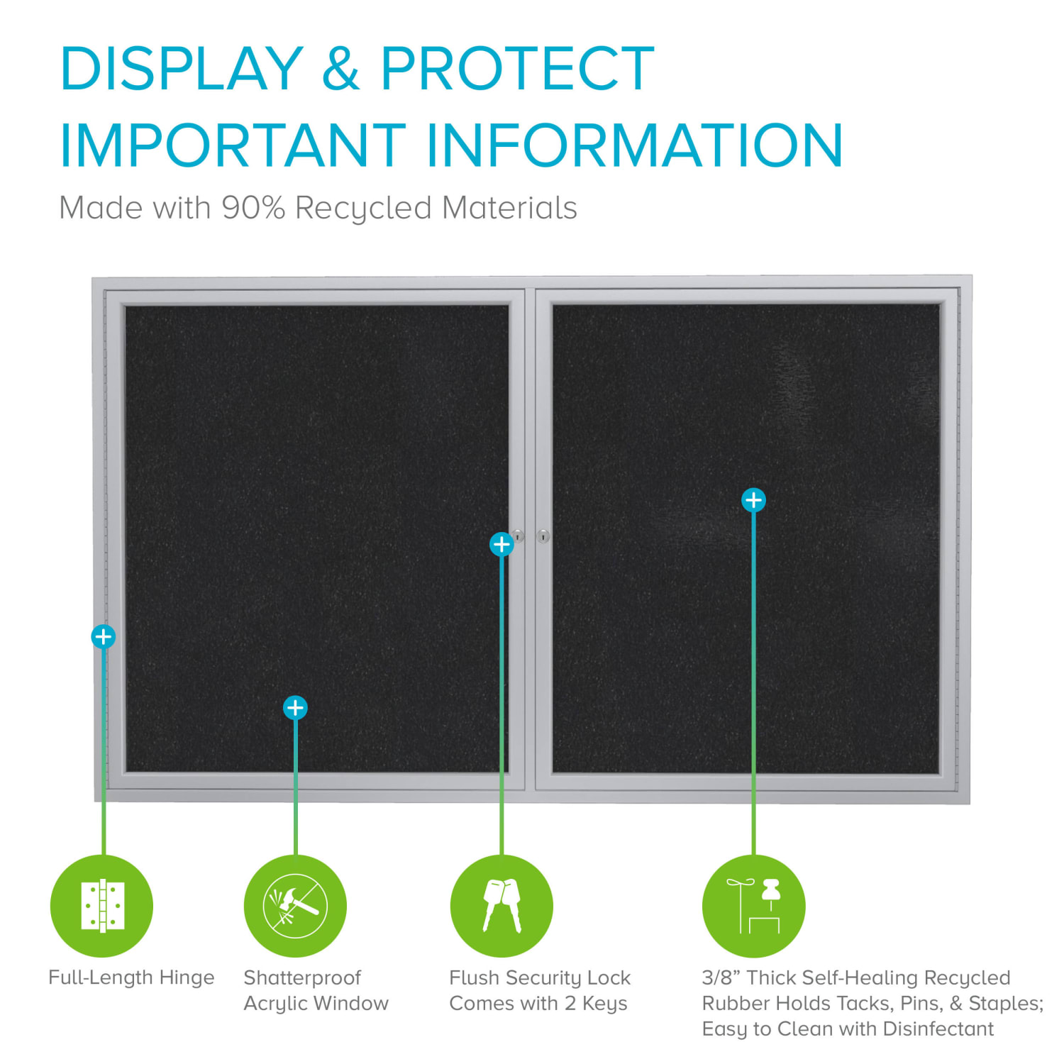 Ghent 2 Door Enclosed Recycled Rubber Bulletin Board, Satin Aluminum Frame, 36inH x 60inW, Black - Image 3