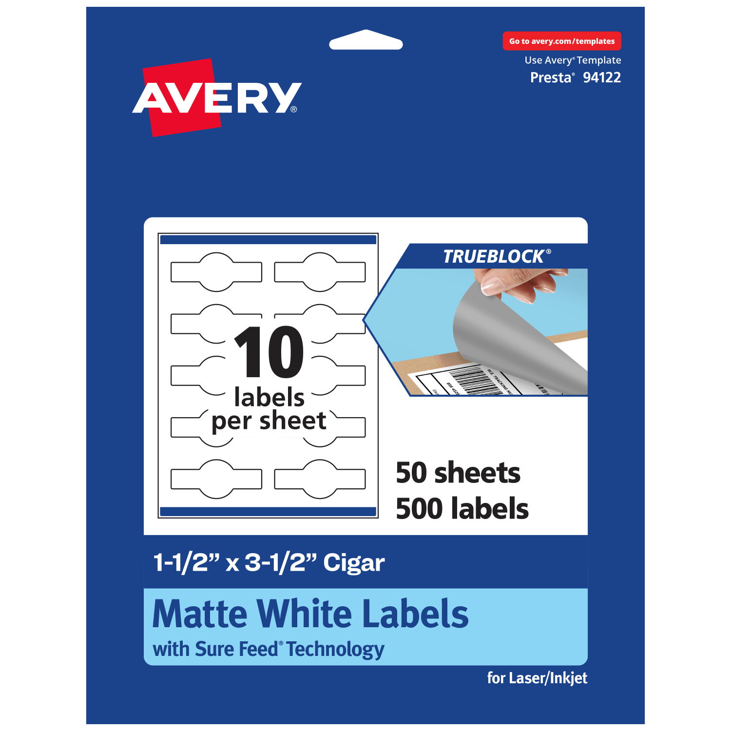 Avery Print-To-The-Edge TrueBlock Labels With Sure Feed, 94122-TWMP50, Cigar, 1-1/2in x 3-1/2in, Matte White, Pack Of 500