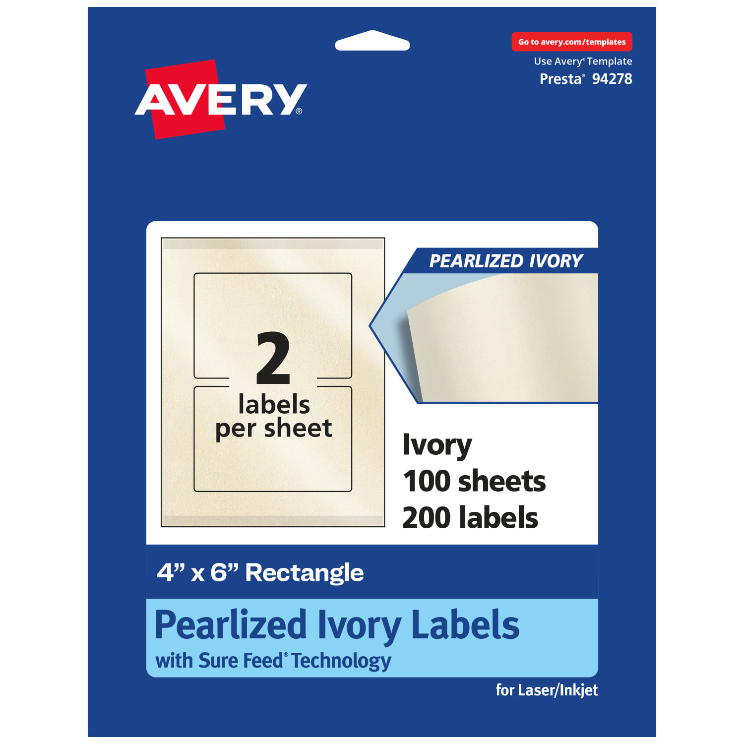 Avery Pearlized Permanent Labels With Sure Feed, 94278-PIP100, Rectangle, 4in x 6in, Ivory, Pack Of 200 Labels