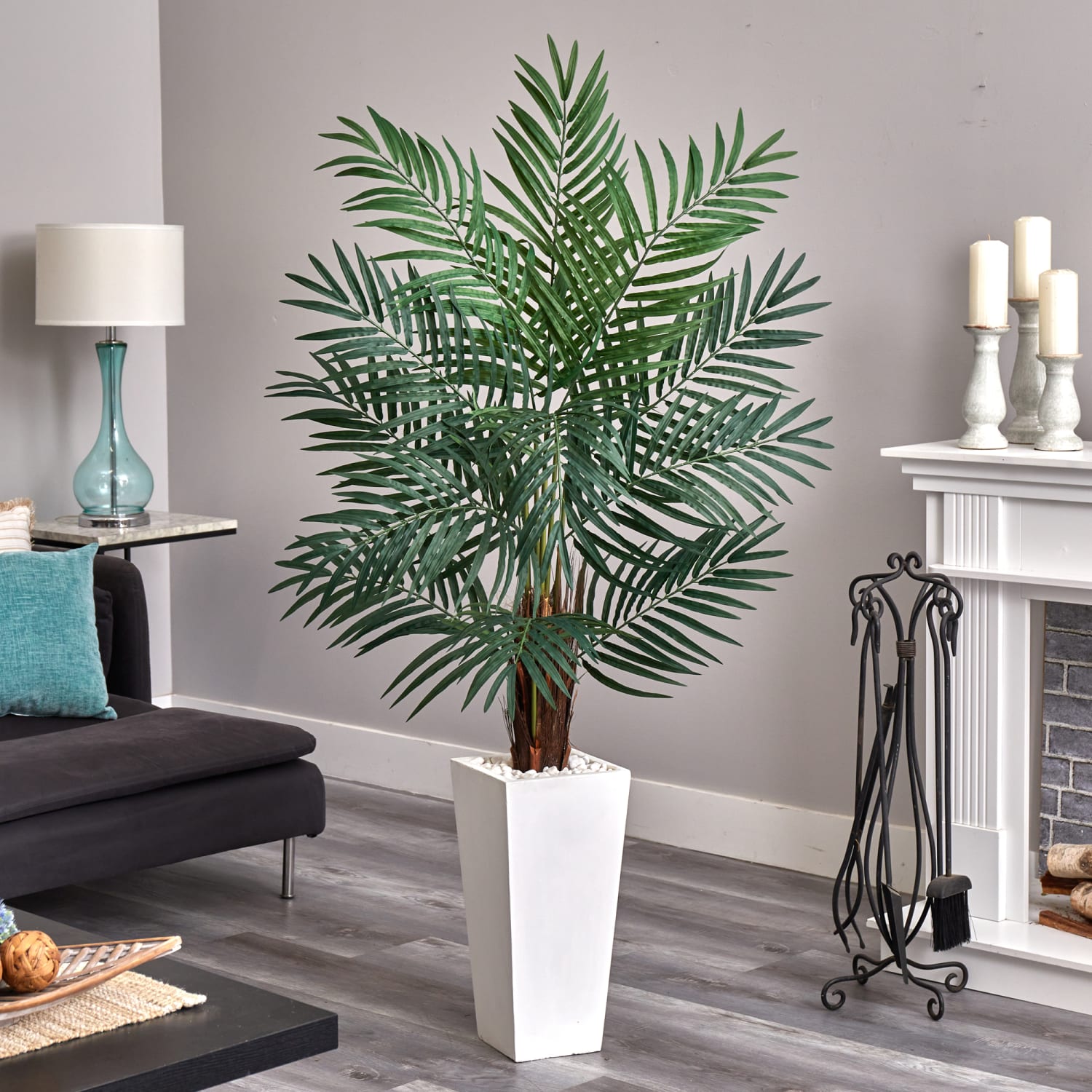 Nearly Natural Areca 66in Artificial Palm Tree With Tower Planter, Green/White - Image 5