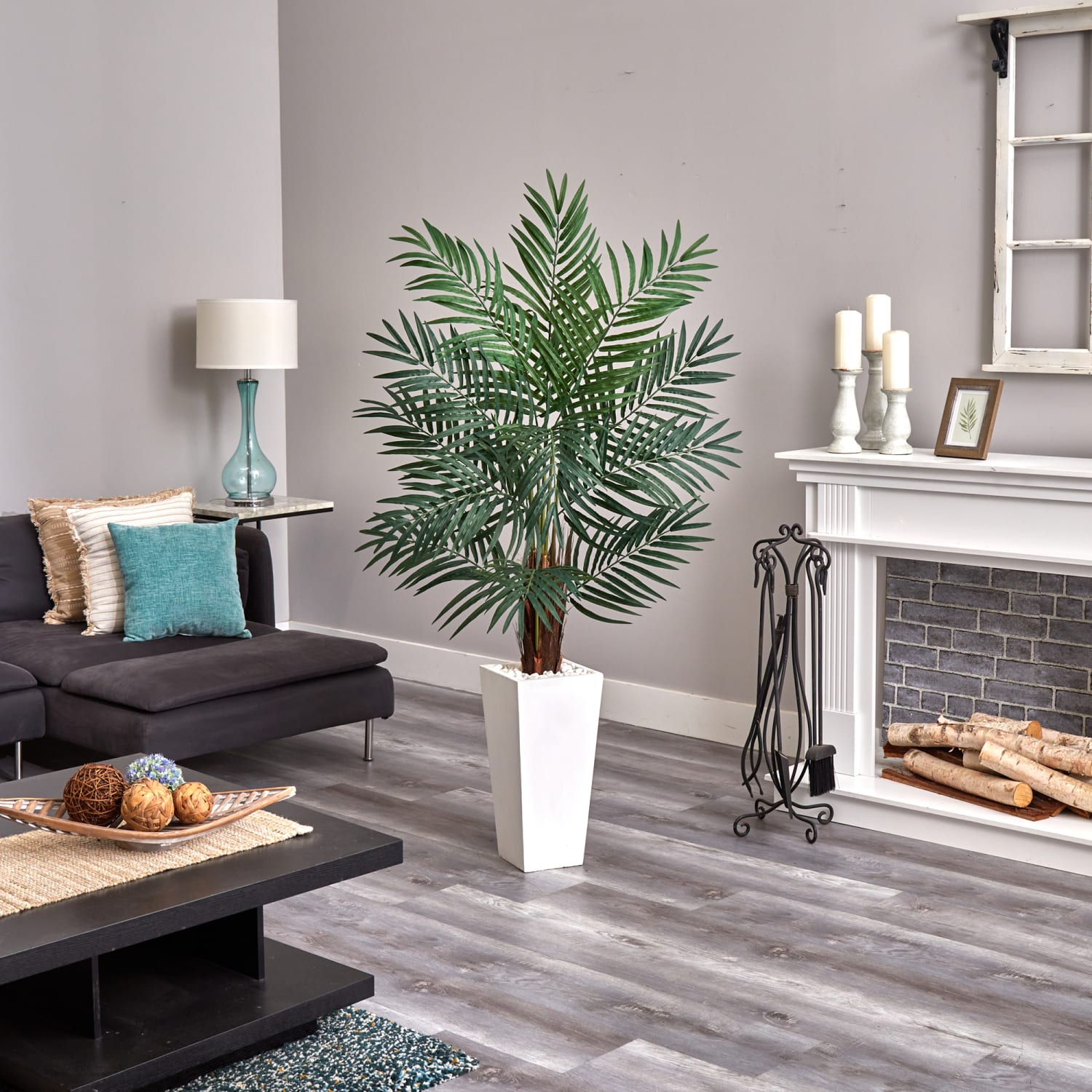 Nearly Natural Areca 66in Artificial Palm Tree With Tower Planter, Green/White - Image 6