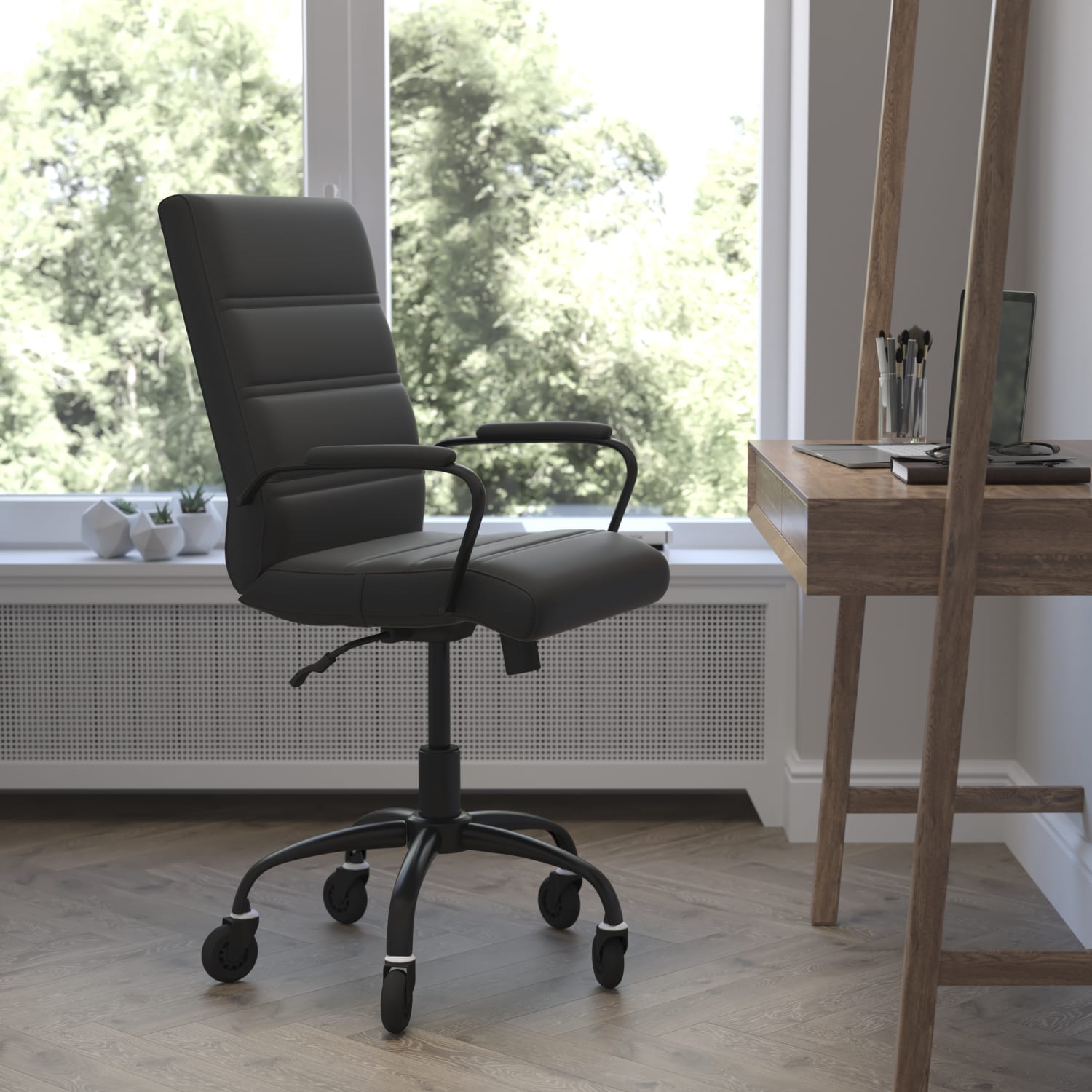 Flash Furniture Camilia Ergonomic Faux Leather Mid-Back Executive Swivel Office Chair With Arms, Black