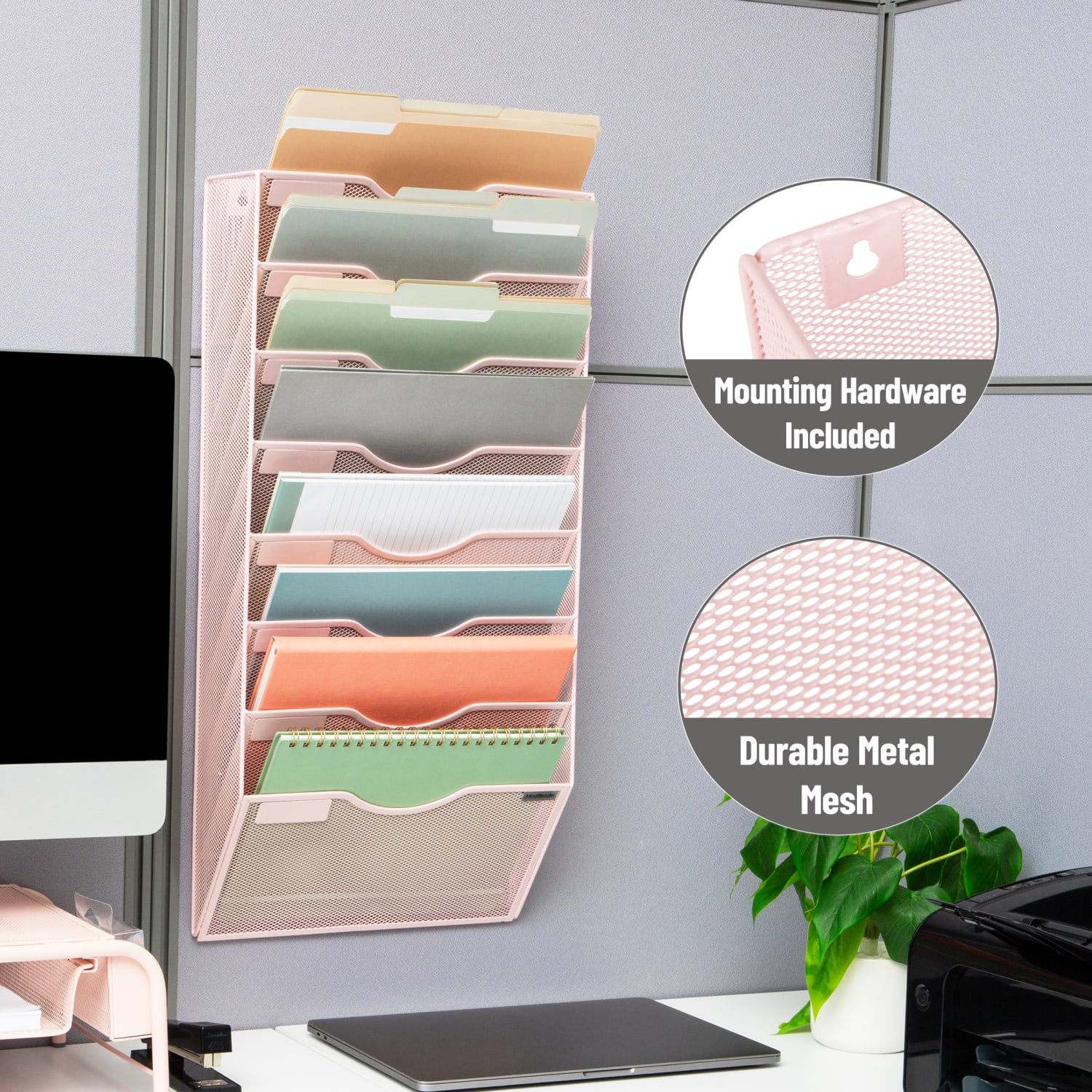 Mind Reader 8-Pocket Wall File Organizer, 26-1/4inH x 4inW x 13inD, Pink - Image 5
