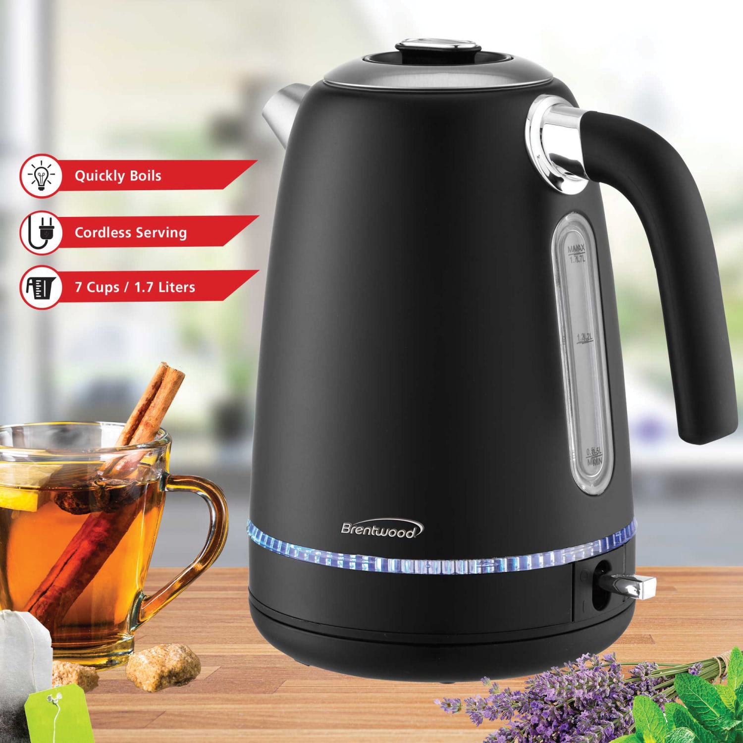 Brentwood 1500W 7-Cup Cordless Electric Stainless-Steel Kettle, Black - Image 6