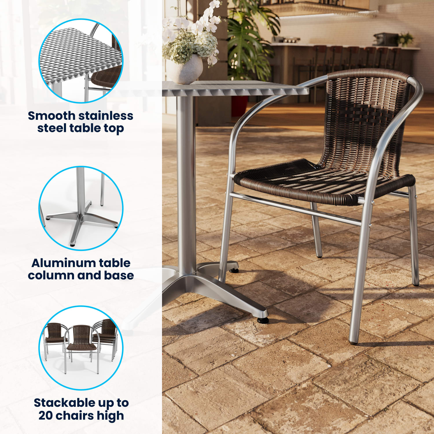 Flash Furniture Lila 5-Piece 23-1/2ft" Square Aluminum Indoor/Outdoor Table Set With Rattan Chairs, Dark Brown - Image 4
