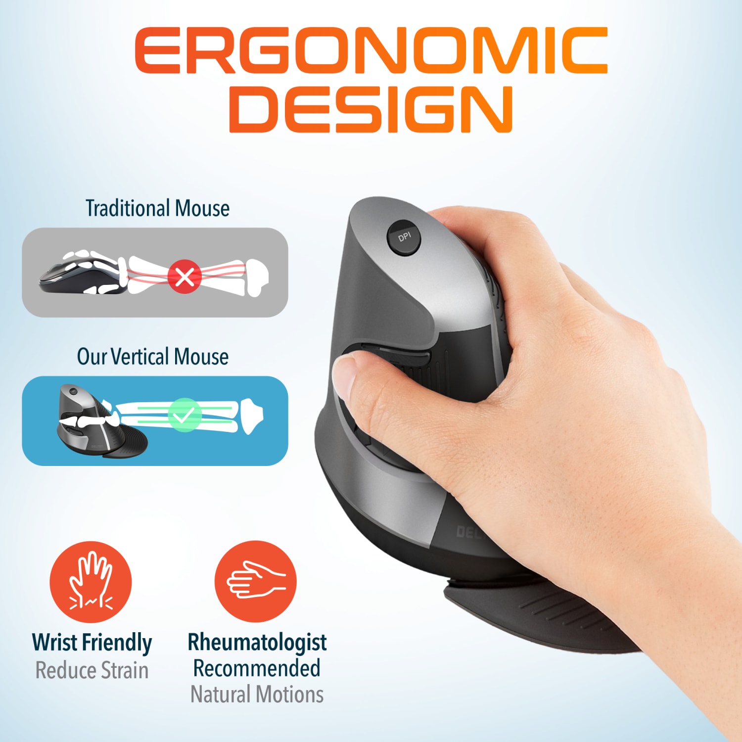 Delton S22 Vertical-Grip Ergonomic Wireless Computer Mouse, Black - Image 3