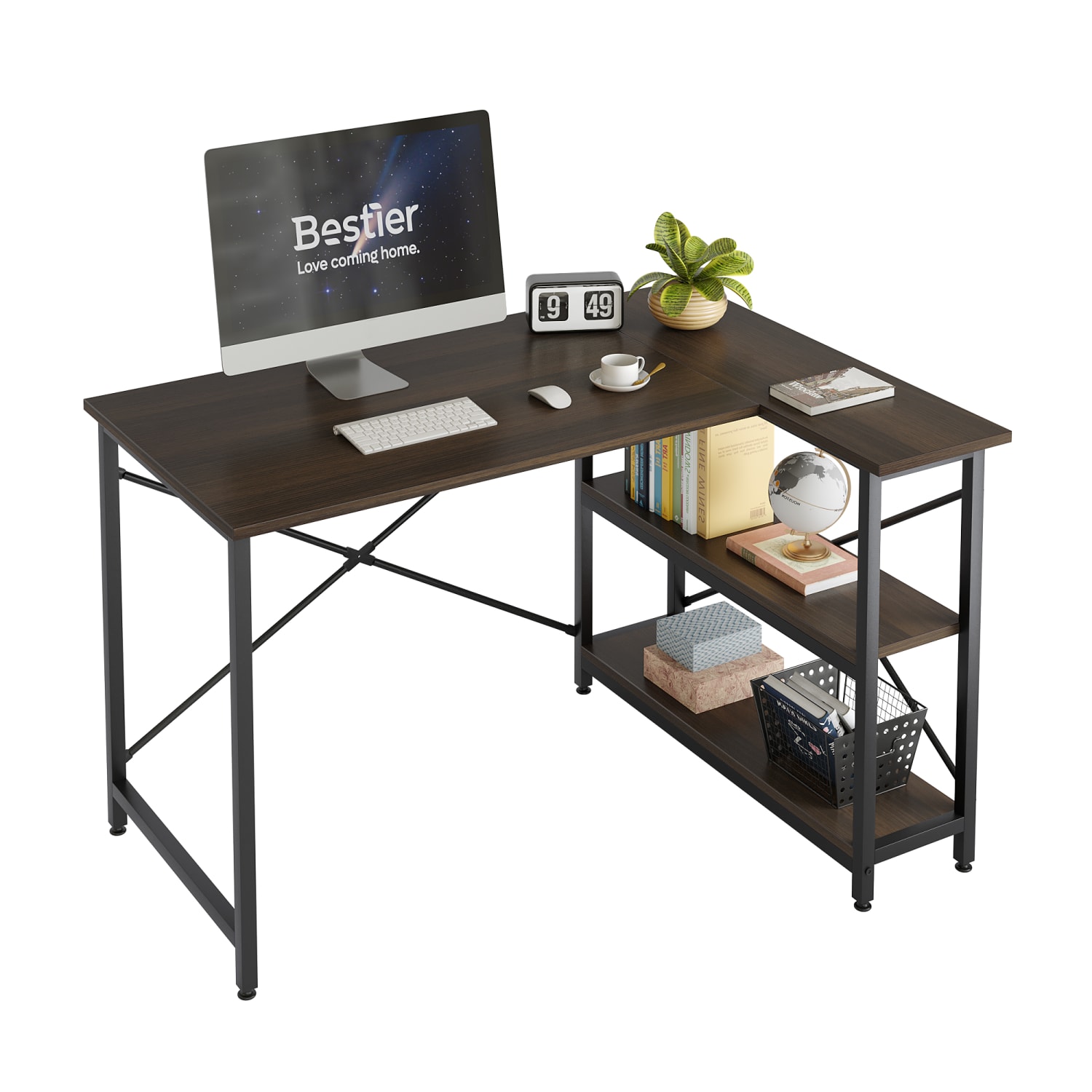 Bestier L-Shaped Corner Desk With Storage Shelf, 48inW, Dark Walnut