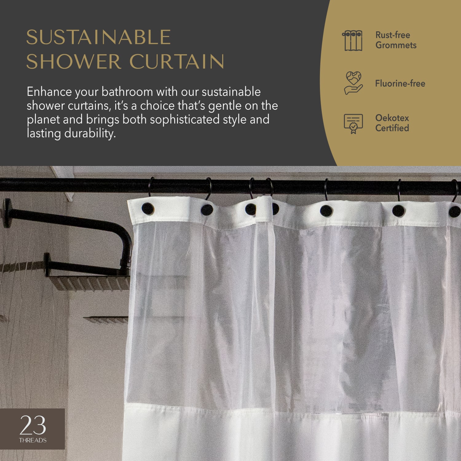 23 Threads Shower Curtain, Herringbone GRS Polyester, Grommet, White, 72in x 72in, Case of 12 - Image 3