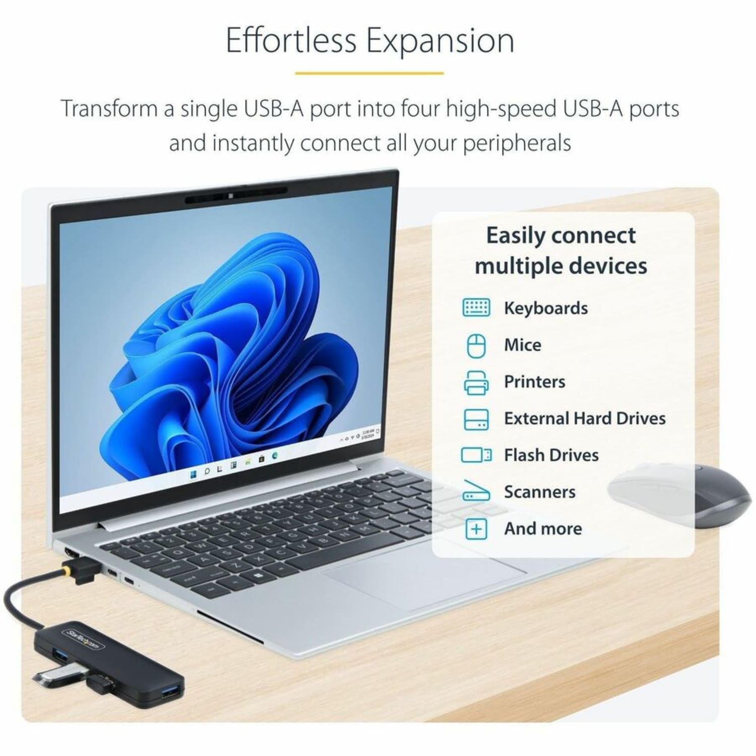 StarTech 4-Port USB-A Hub, 5Gbps, Bus Powered, Small Travel Mini USB Hub, Multi-Port USB 3.0 Splitter, Portable USB Hub - Image 3