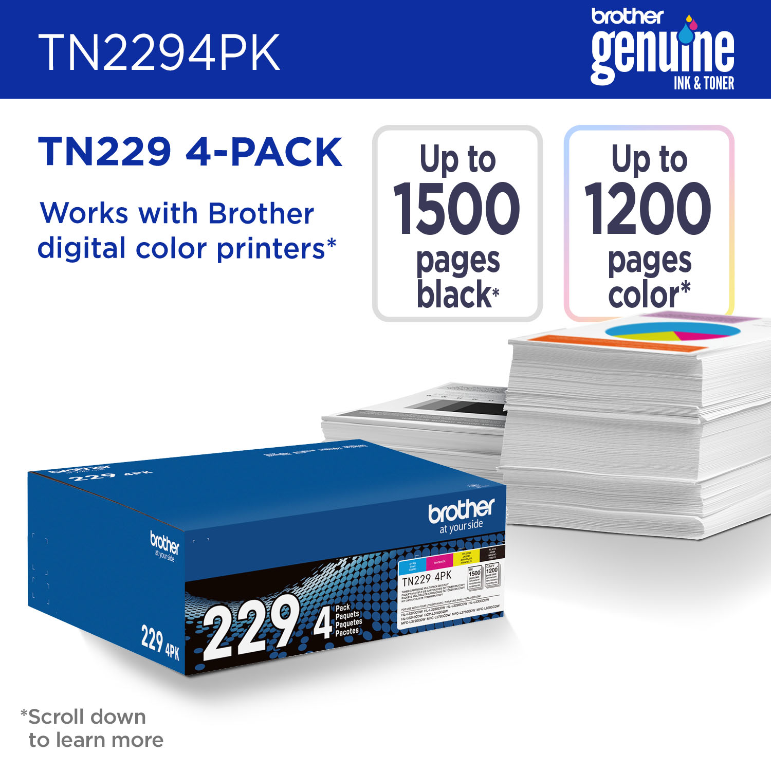 Brother TN229 Black/Cyan/Magenta/Yellow Toner Cartridges, Pack Of 4 Cartridges, (TN2294PK) - Image 3