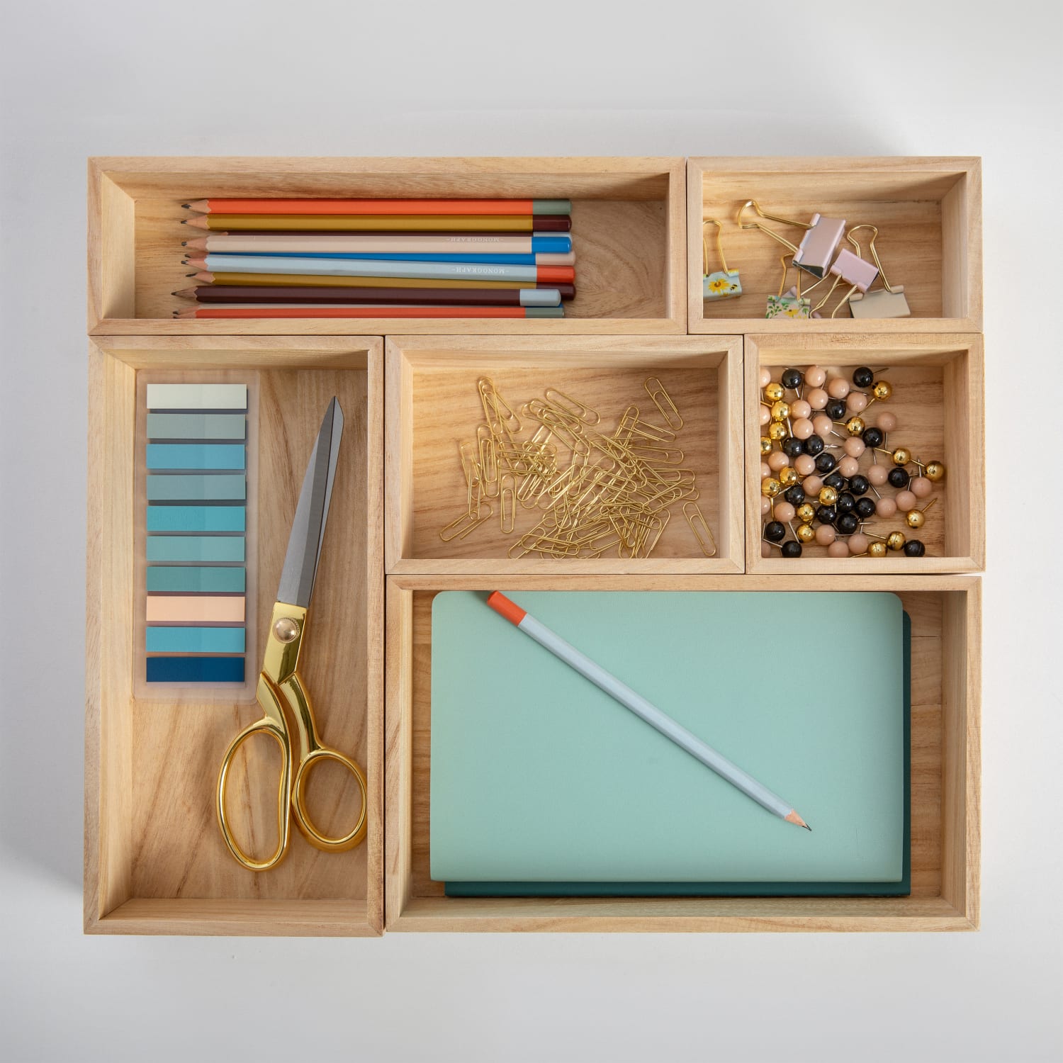 Martha Stewart Enzo 6-Piece Desk Drawer Organizer Set, 2inH x 15inW x 13inD, Light Natural - Image 3
