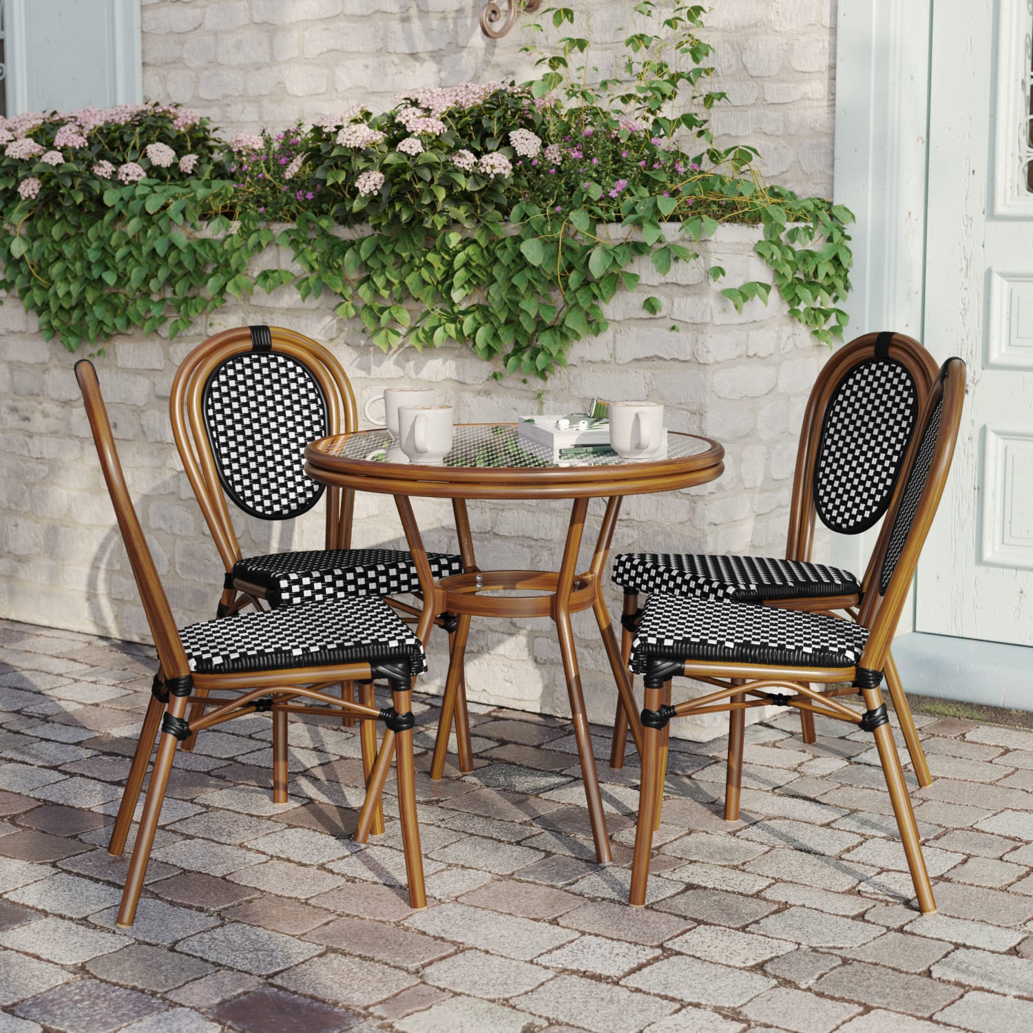 Flash Furniture Lourdes Indoor/Outdoor Commercial Bistro 31.5in Table, PE Rattan, Glass Top with 4 Stack Chairs, Black & White Rattan/Natural Frame - Image 5
