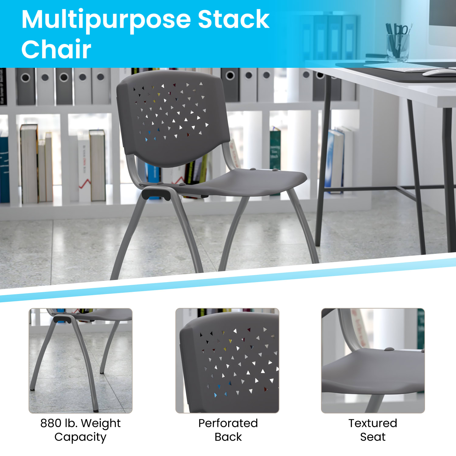Flash Furniture HERCULES Series Plastic Stack Chair With Titanium Frame, Gray - Image 6