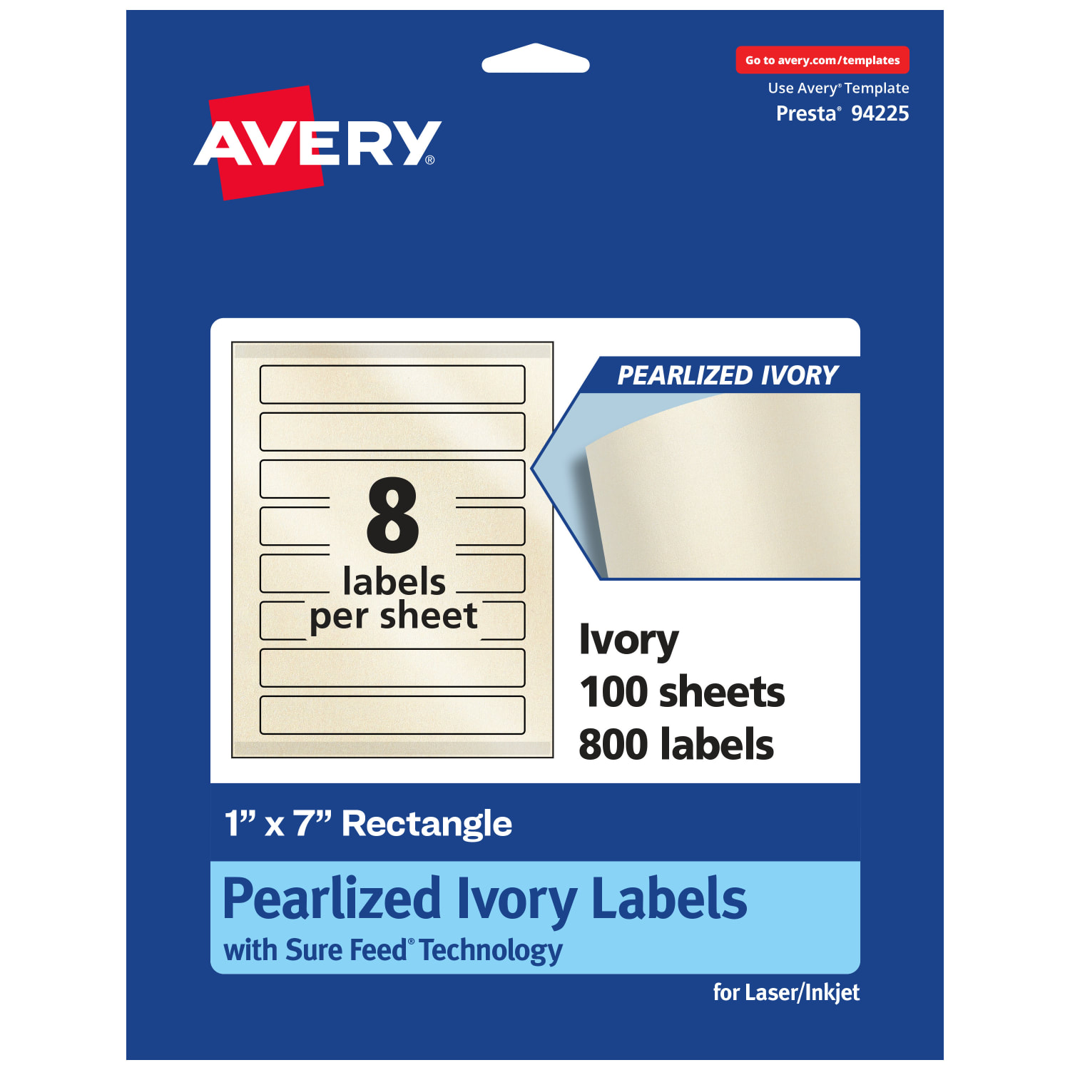 Avery Pearlized Permanent Labels With Sure Feed, 94225-PIP100, Rectangle, 1in x 7in, Ivory, Pack Of 800 Labels