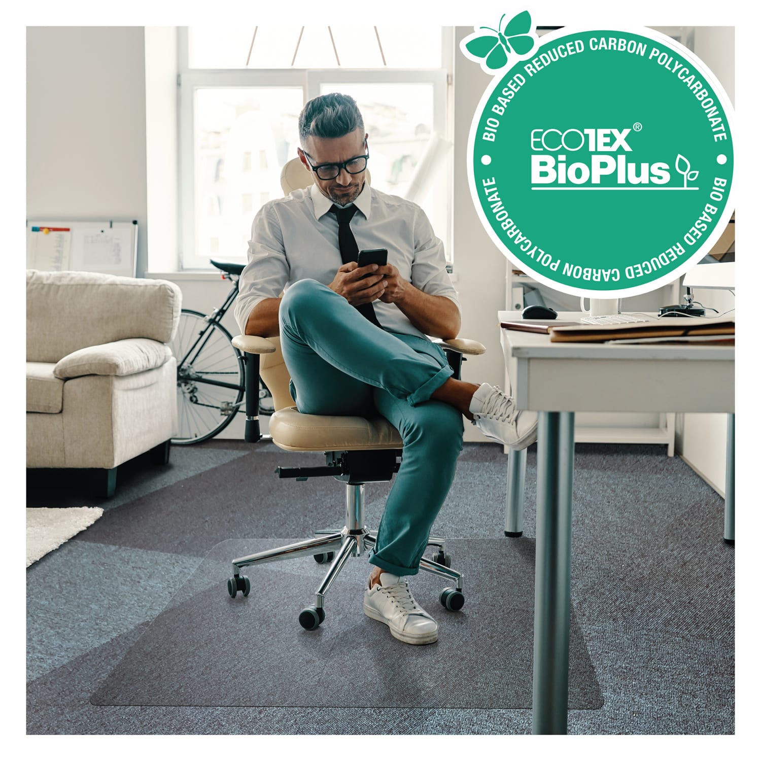 Ecotex BioPlus Polycarbonate Chair Mat for Low / Medium Pile Carpets up to 1/2in thick - 35in x 47in, Clear - Image 3