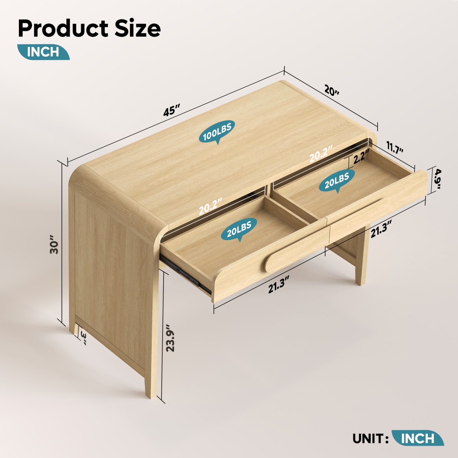 Bestier 46inW Writing Computer Desk With 2 Storage Sliding Drawers, Coastal Oak - Image 6