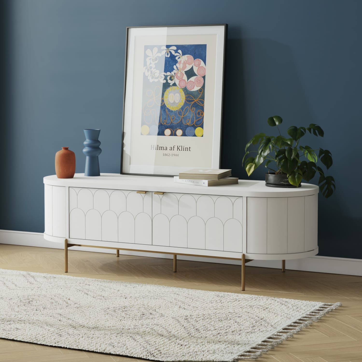 CosmoLiving by Cosmopolitan Anastasia Modern Scalloped Oval TV Stand For TVs Up To 65in, 18-7/16inH x 59-1/2inW x 21inD, White/Brassy Gold - Image 3