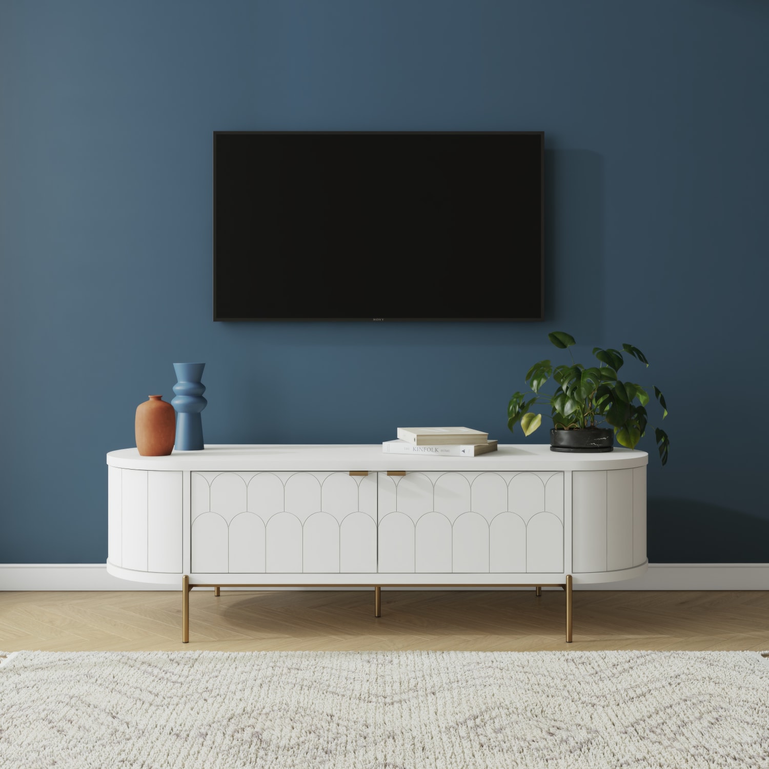 CosmoLiving by Cosmopolitan Anastasia Modern Scalloped Oval TV Stand For TVs Up To 65in, 18-7/16inH x 59-1/2inW x 21inD, White/Brassy Gold - Image 4