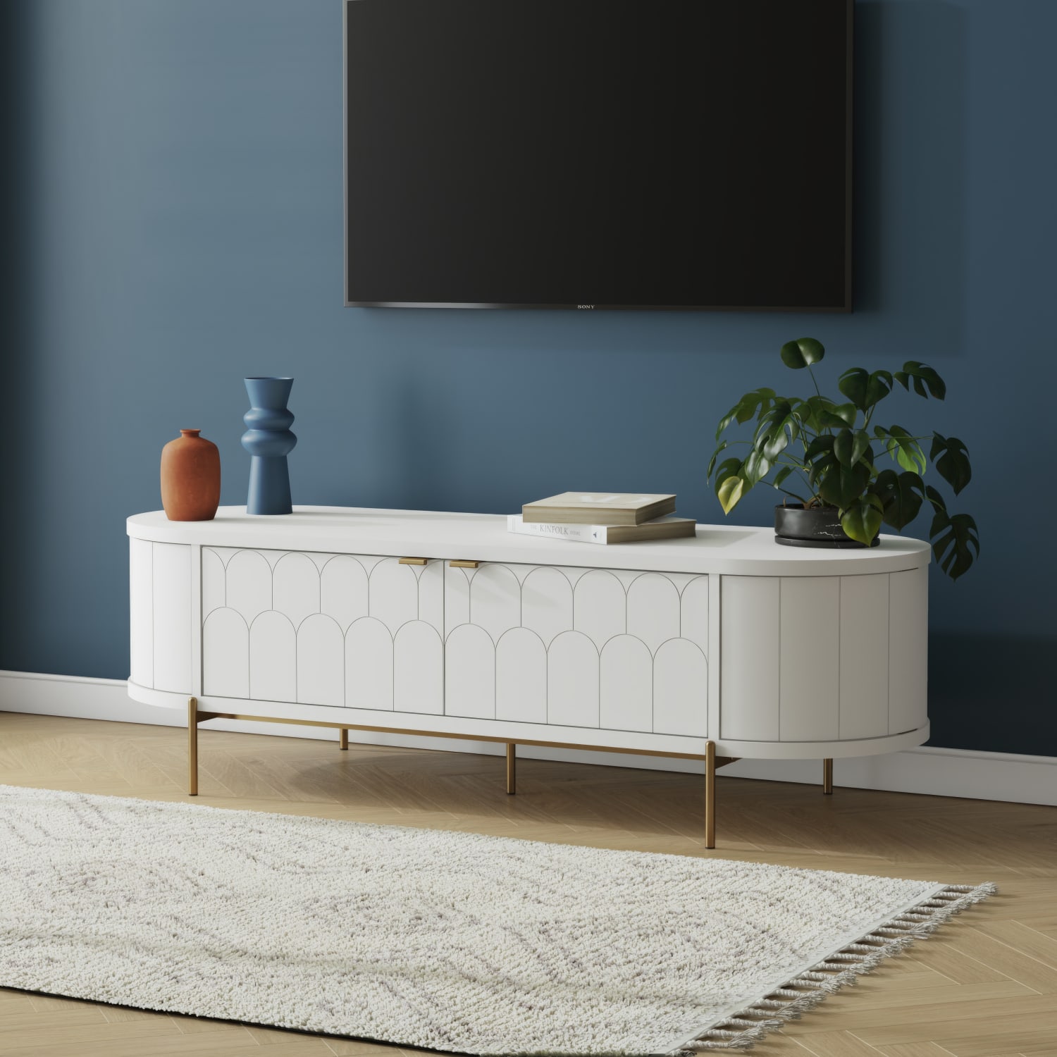 CosmoLiving by Cosmopolitan Anastasia Modern Scalloped Oval TV Stand For TVs Up To 65in, 18-7/16inH x 59-1/2inW x 21inD, White/Brassy Gold - Image 5