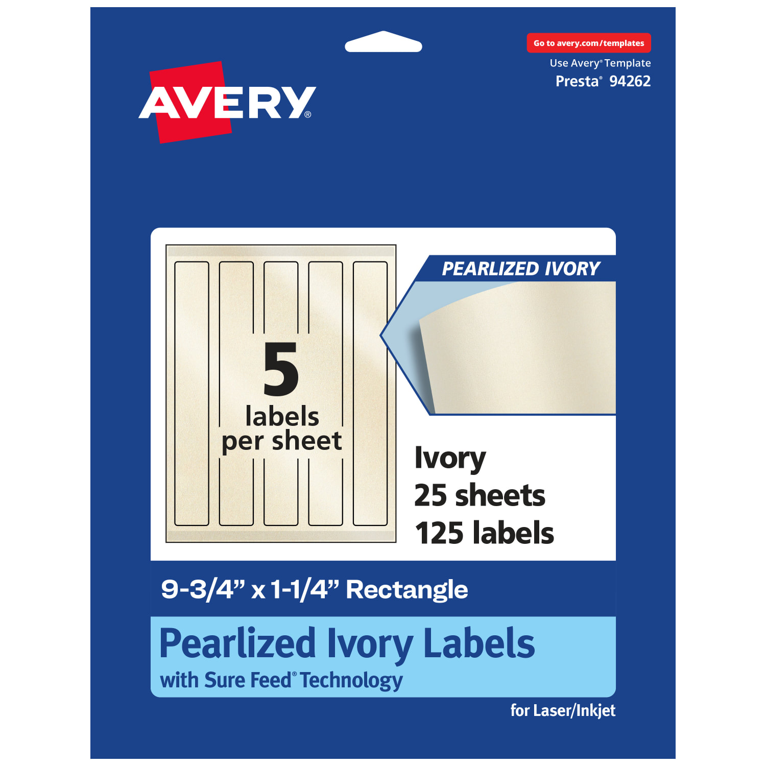 Avery Pearlized Permanent Labels With Sure Feed, 94262-PIP25, Rectangle, 9-3/4in x 1-1/4in, Ivory, Pack Of 125 Labels