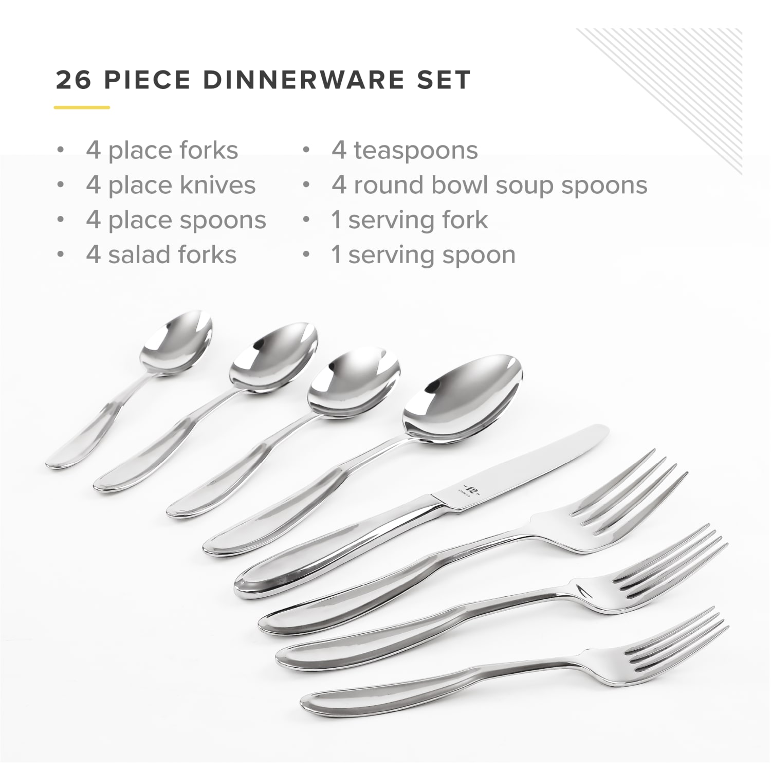 Table 12 26-Piece Stainless Steel Flatware Set With Beveled Round Edges, Silver - Image 3