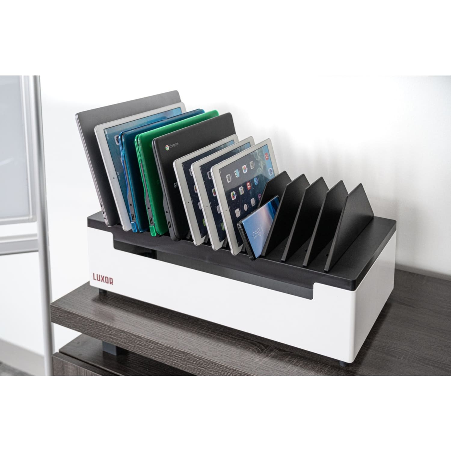 Luxor 12-Port Charging Station For Laptops, Tablets And Mobile Devices, 10-15/16inH x 23-5/8inW x 11-13/16inD, Black/White - Image 5