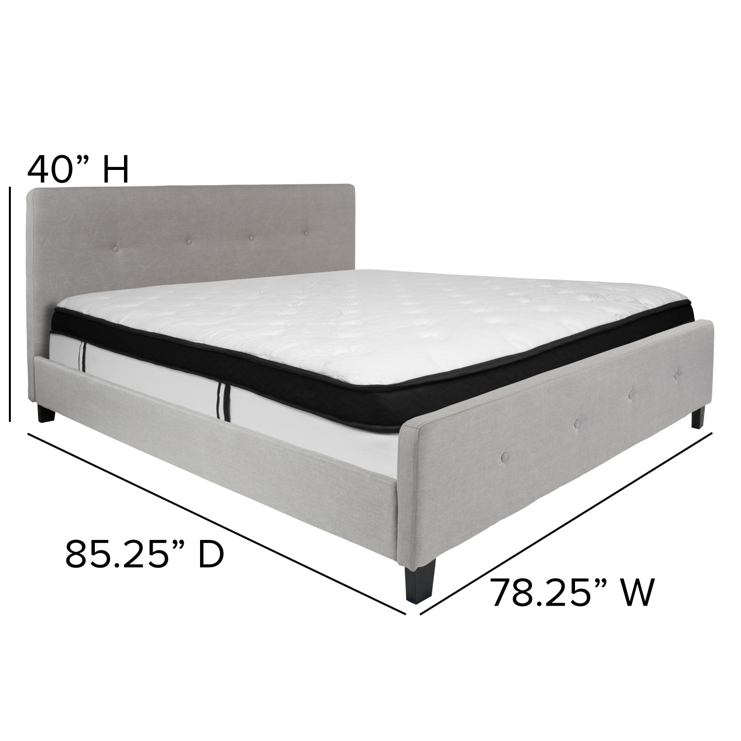 Flash Furniture Tribeca Button Tufted Upholstered Platform Bed with Memory Foam Pocket Spring Mattress, King, 40inH x 78-1/4inW x 85-1/4inL, Light Gray - Image 5