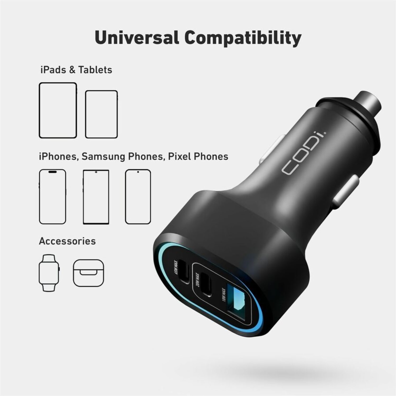 CODi 65W Triple Port Car Charger - USB-C (2), USB-A Outputs - Image 6