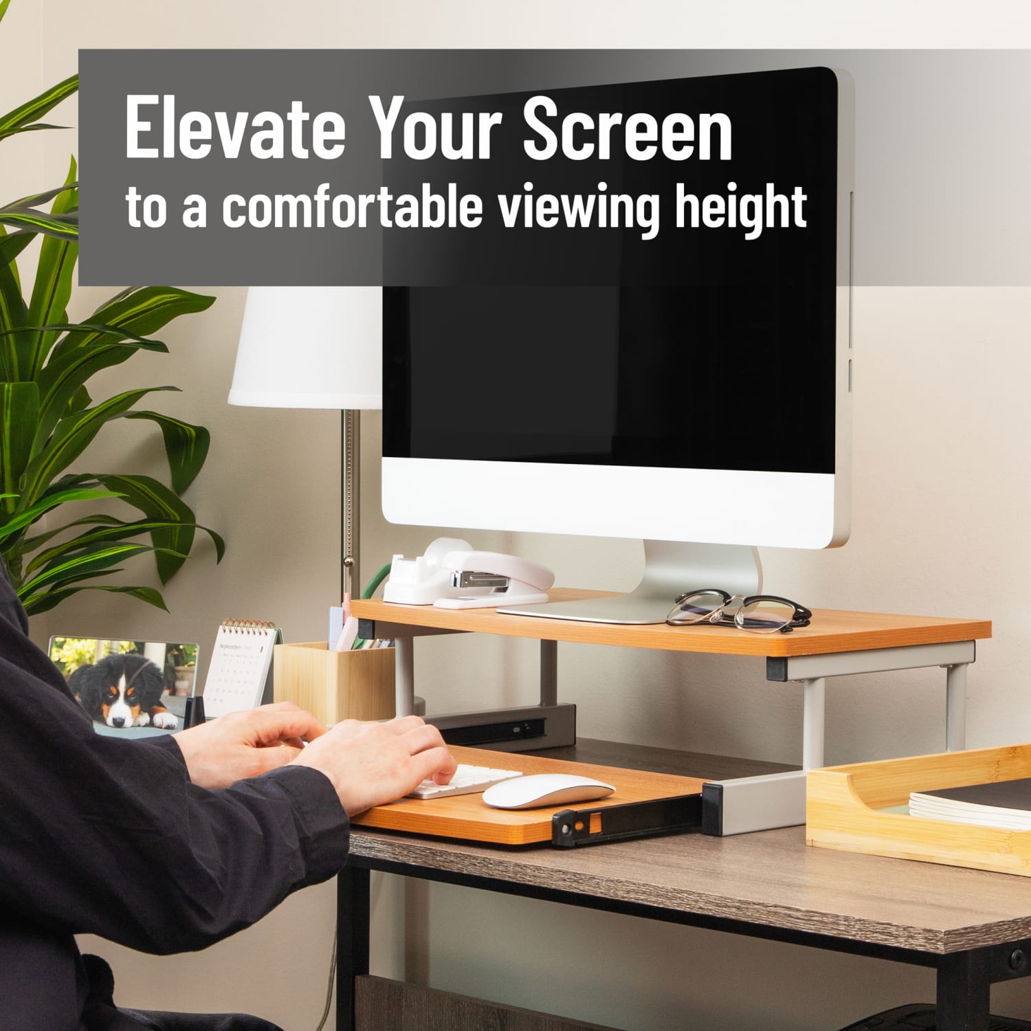 Mind Reader Monitor Stand Sliding Keyboard Drawer Laptop Riser, 5 59/10inH x 14-3/4inW x 20inD, Brown and Silver - Image 3