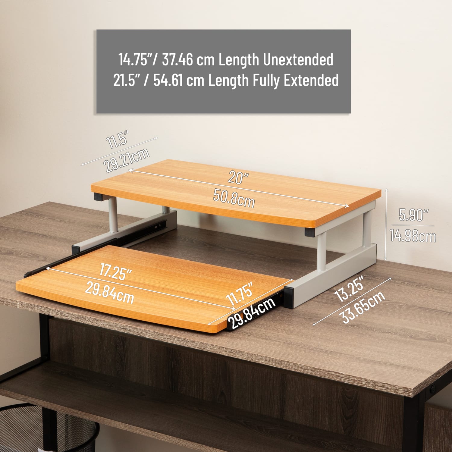 Mind Reader Monitor Stand Sliding Keyboard Drawer Laptop Riser, 5 59/10inH x 14-3/4inW x 20inD, Brown and Silver - Image 4