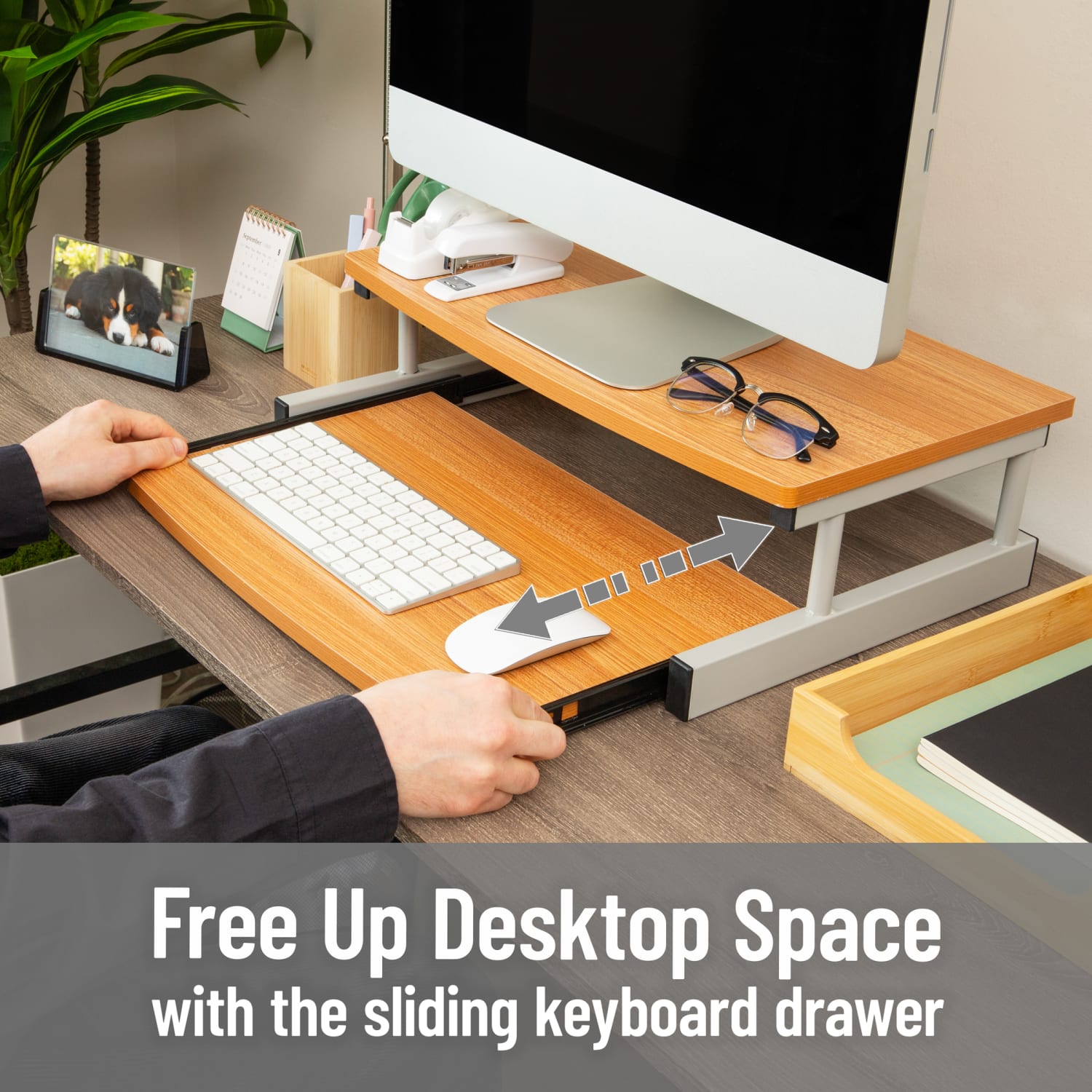 Mind Reader Monitor Stand Sliding Keyboard Drawer Laptop Riser, 5 59/10inH x 14-3/4inW x 20inD, Brown and Silver - Image 5