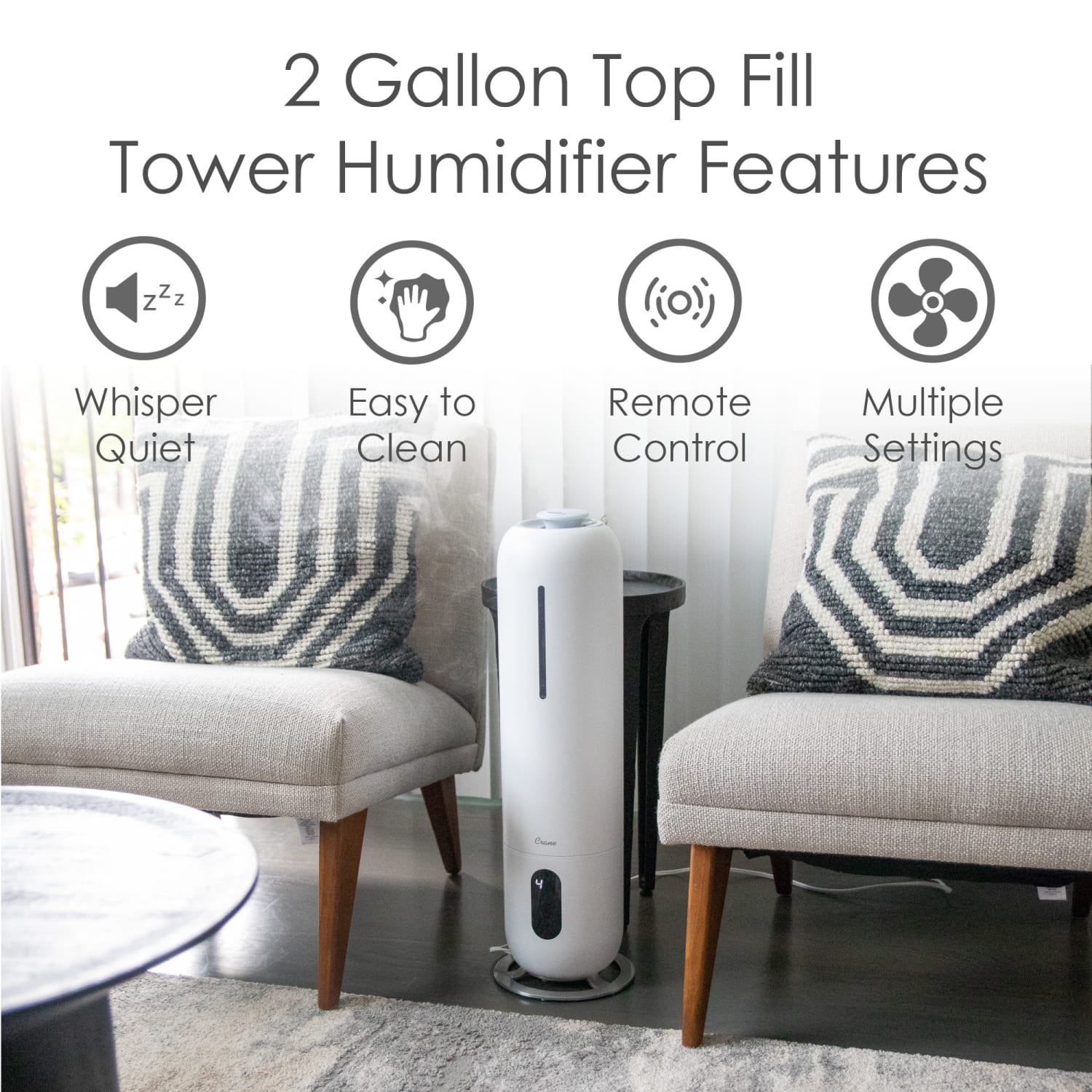 Crane Ultrasonic Cool Mist Tower Humidifier, 2 Gallon, 8-1/2in x 8-1/2in x 22in, White - Image 3