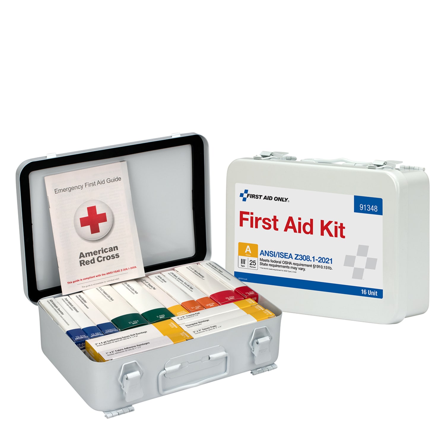 First Aid Only 25-Person 16-Unit Metal First Aid Kit, 6inH x 9inW x 2-7/16inD, Kit Of 83 Pieces