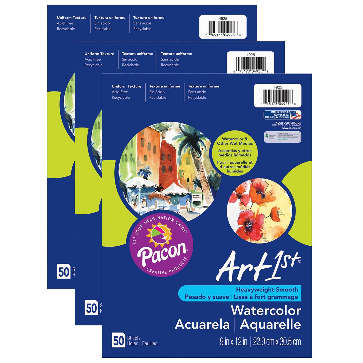 Pacon UCreate Watercolor Paper, 9in x 12in, White, 50 Sheets Per Pack, Set Of 3 Packs