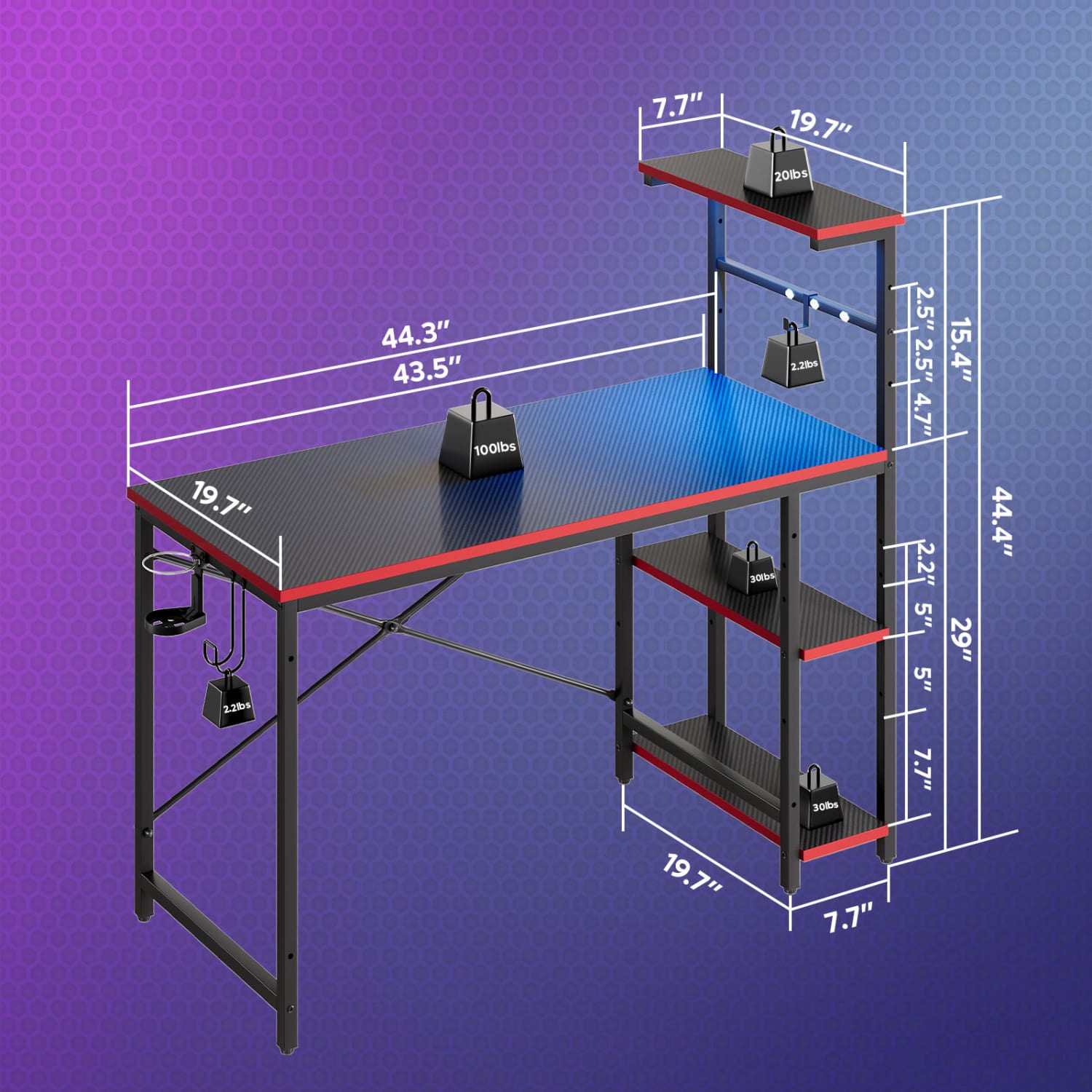 Bestier Gaming Computer Desk With RGB LED Lights And 4-Tier Storage Shelves, 44inW, Black Carbon Fiber - Image 6