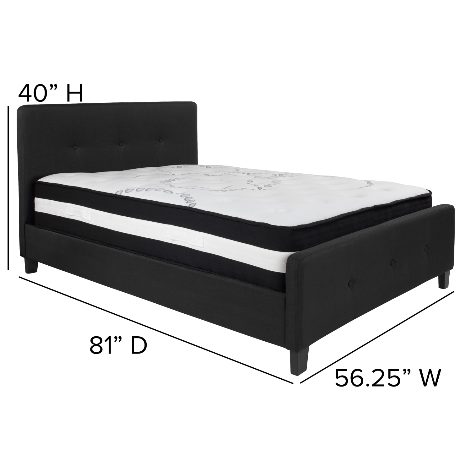 Flash Furniture Tribeca Button Tufted Upholstered Platform Bed with Pocket Spring Mattress, Full, 40inH x 56-1/4inW x 81inL, Black - Image 5