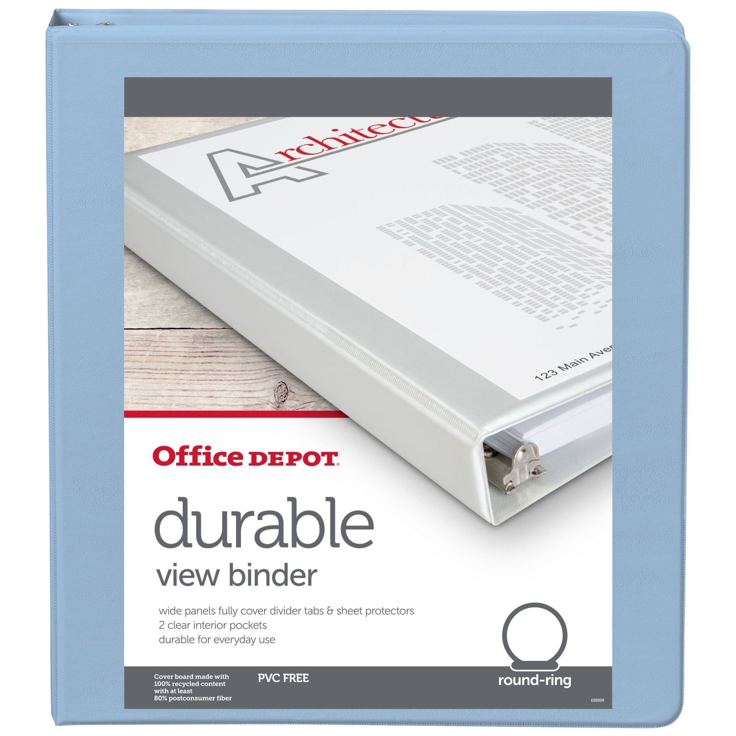 Office Depot Brand 3-Ring Durable View Binder, 1in Round Rings, Baby Blue - Image 3
