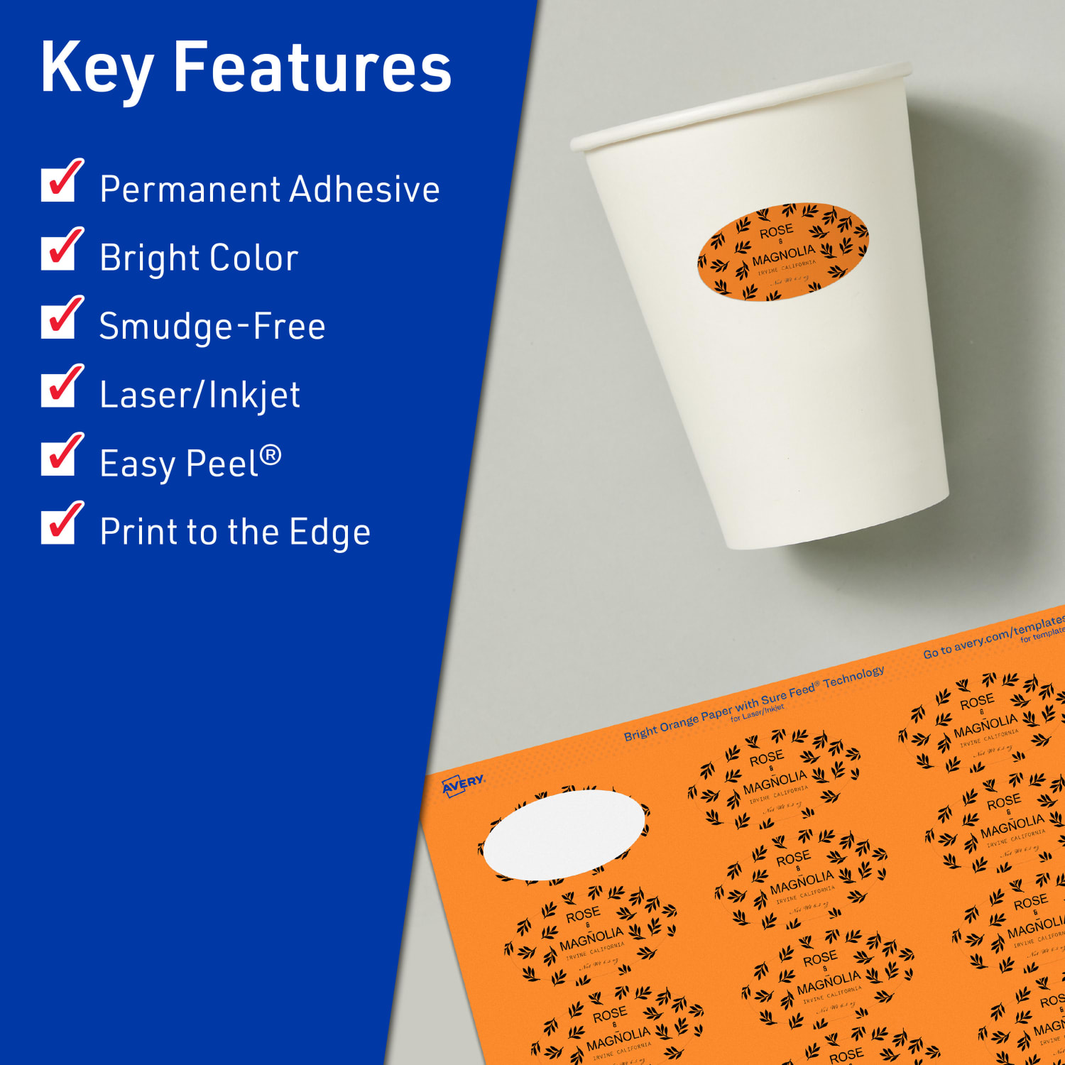 Avery Print-To-The-Edge Labels With Sure Feed Technology And Easy Peel Label Feature, 94053-BOP10, Oval, 1in x 2in, Matte Bright Orange, Pack of 240 - Image 3