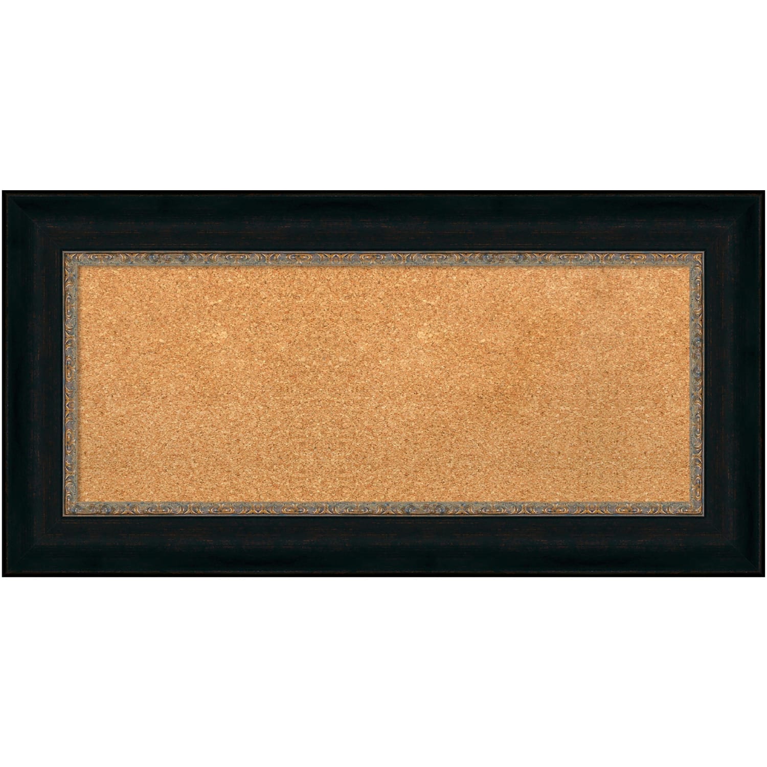 Amanti Art Non-Magnetic Cork Bulletin Board, 37in x 19in, Natural, Manhattan Black Plastic Frame