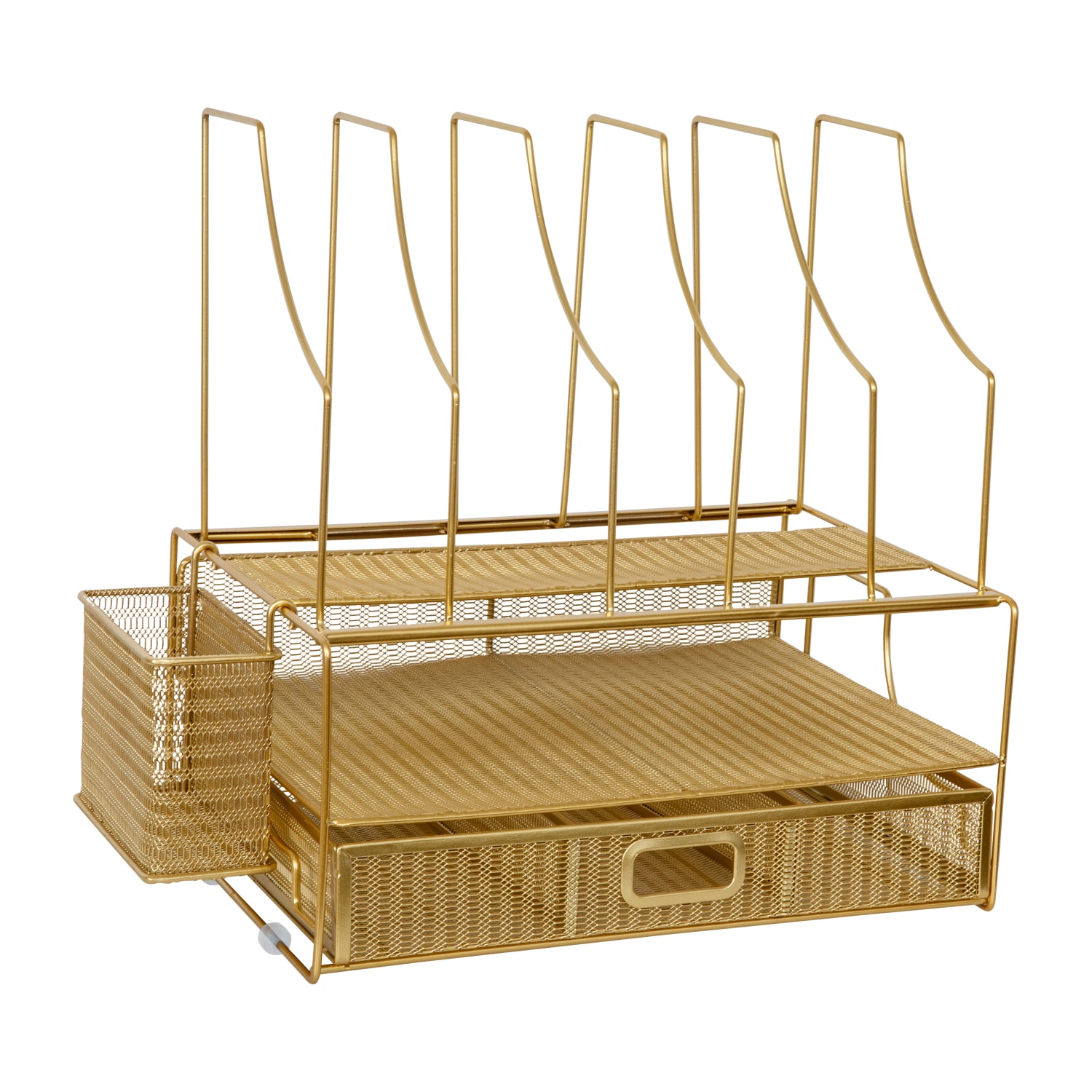 Martha Stewart Ryder Mesh Metal Large Desktop Organizer With Paper File Letter Holder And Drawer, 7inH x 14-3/4inW x 11-1/2inD, Gold