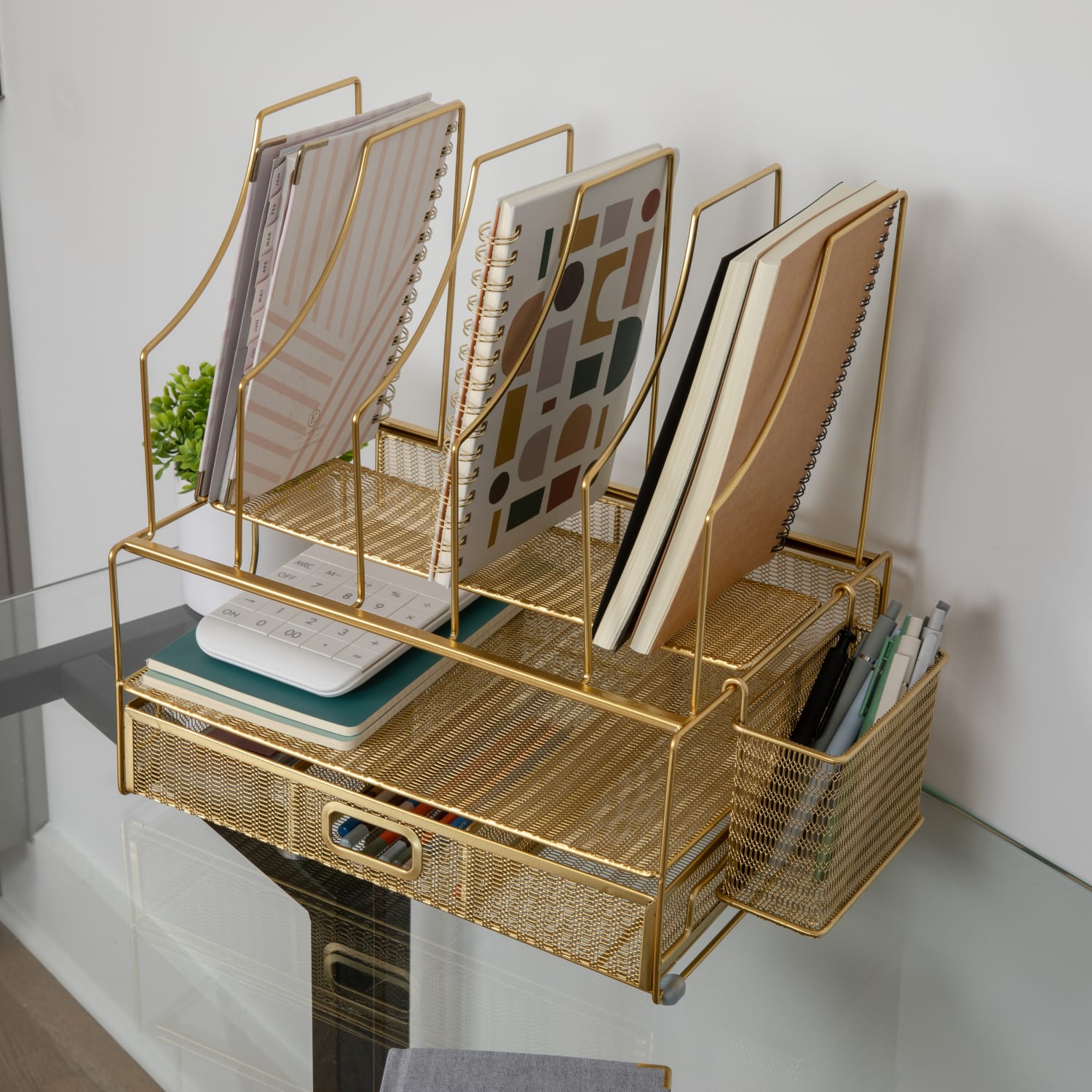 Martha Stewart Ryder Mesh Metal Large Desktop Organizer With Paper File Letter Holder And Drawer, 7inH x 14-3/4inW x 11-1/2inD, Gold - Image 3