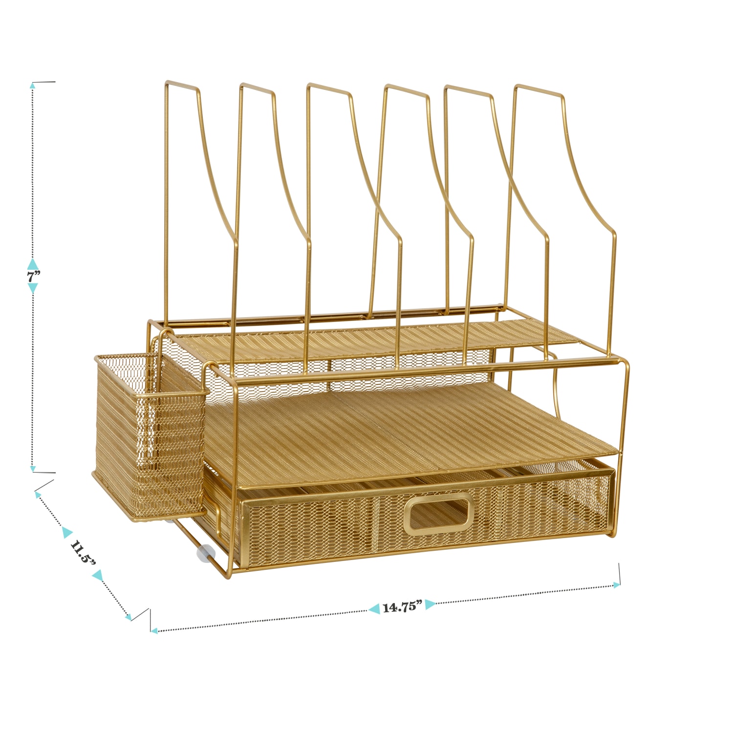 Martha Stewart Ryder Mesh Metal Large Desktop Organizer With Paper File Letter Holder And Drawer, 7inH x 14-3/4inW x 11-1/2inD, Gold - Image 5