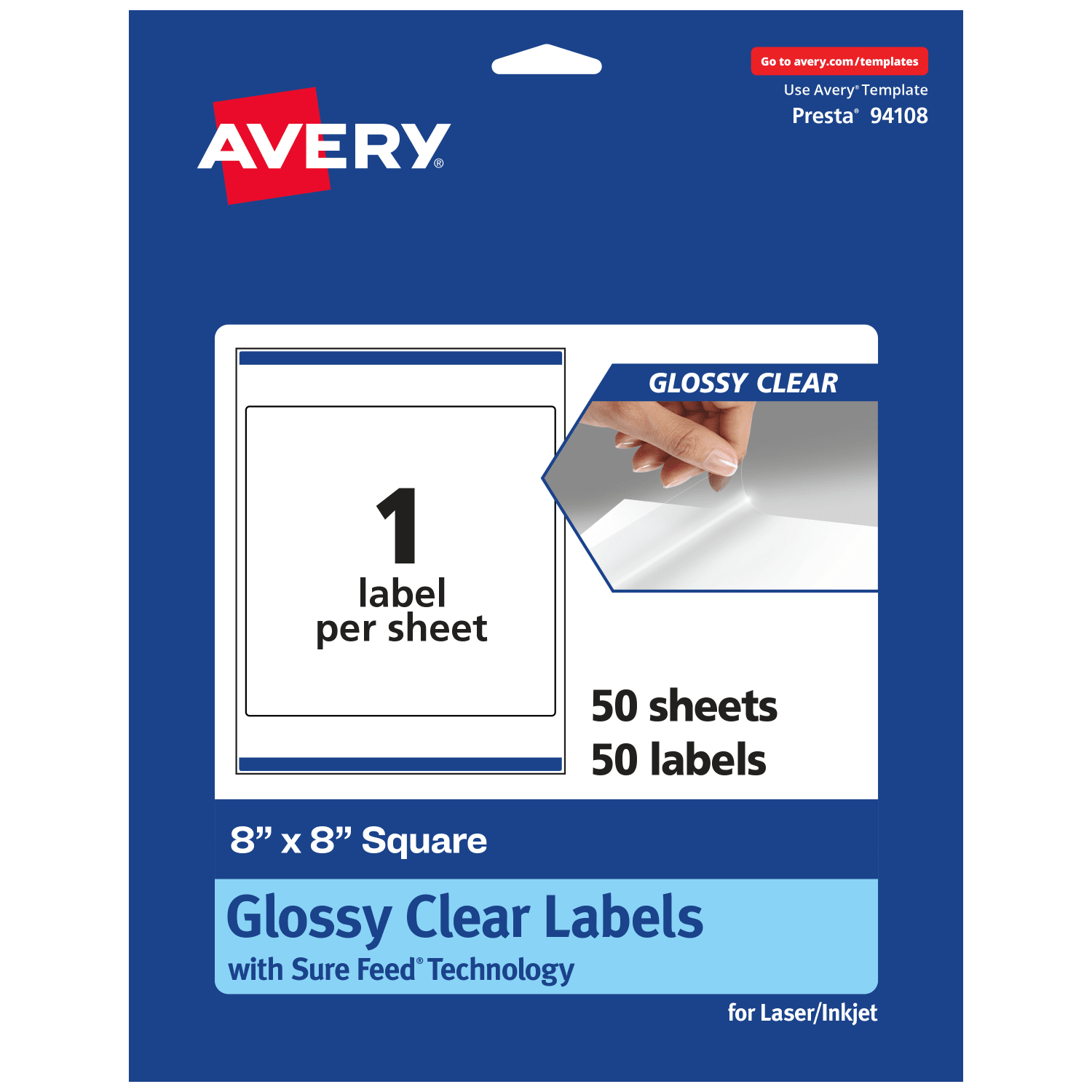 Avery Glossy Permanent Labels With Sure Feed, 94108-CGF50, Square, 8in x 8in, Clear, Pack Of 50