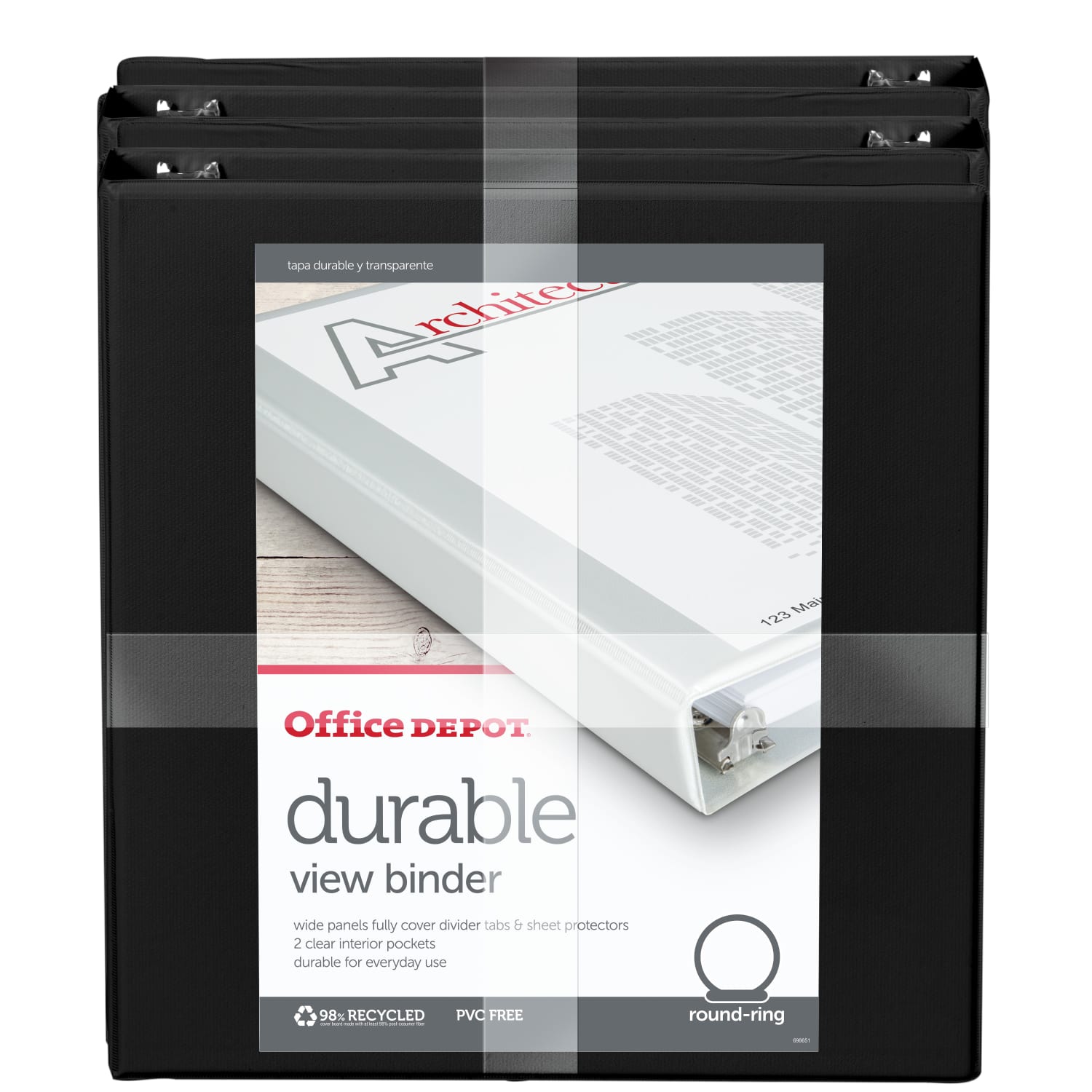 Office Depot Brand Durable View 3-Ring Binder, 1 1/2in Round Rings, Black, Pack Of 4 - Image 3