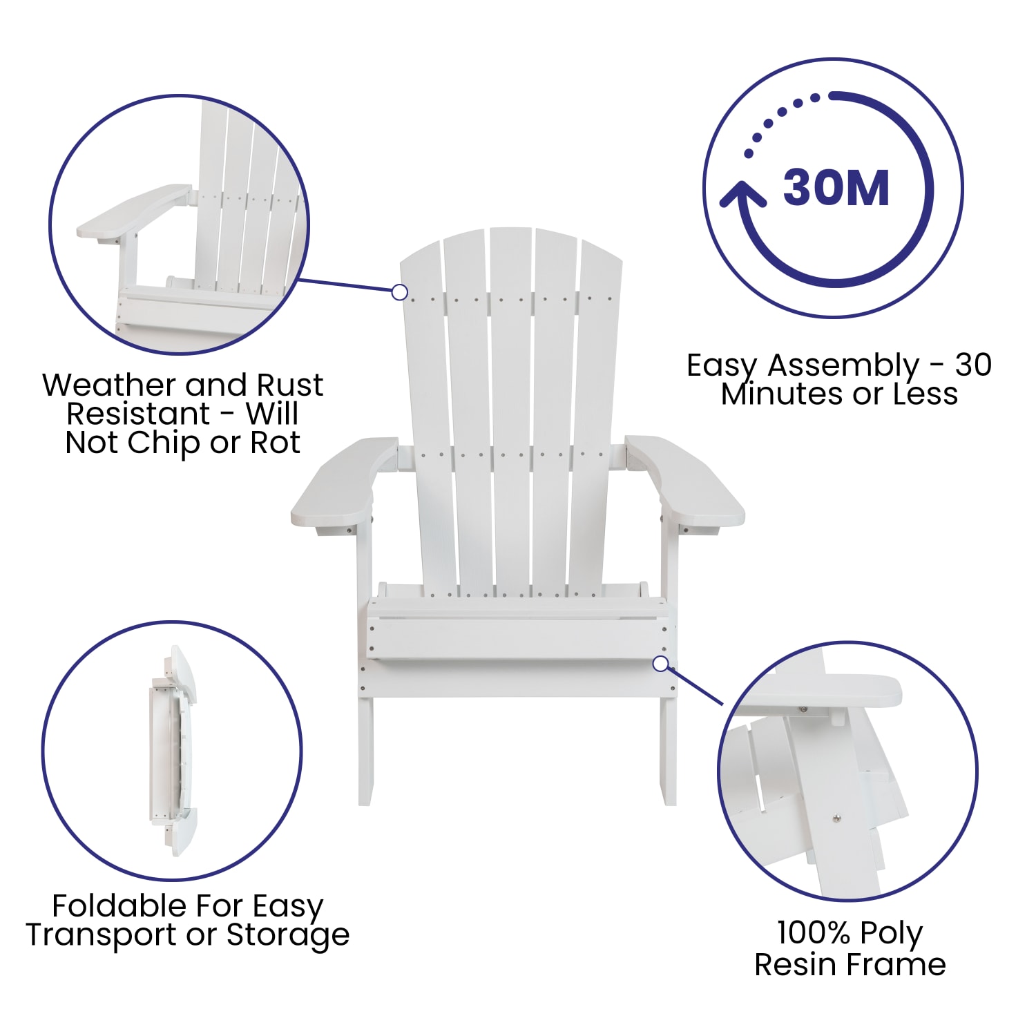Flash Furniture Charlestown All-Weather Indoor/Outdoor Furniture Folding Adirondack Chairs With Cushions, Teal/White, Set Of 2 Chairs - Image 6