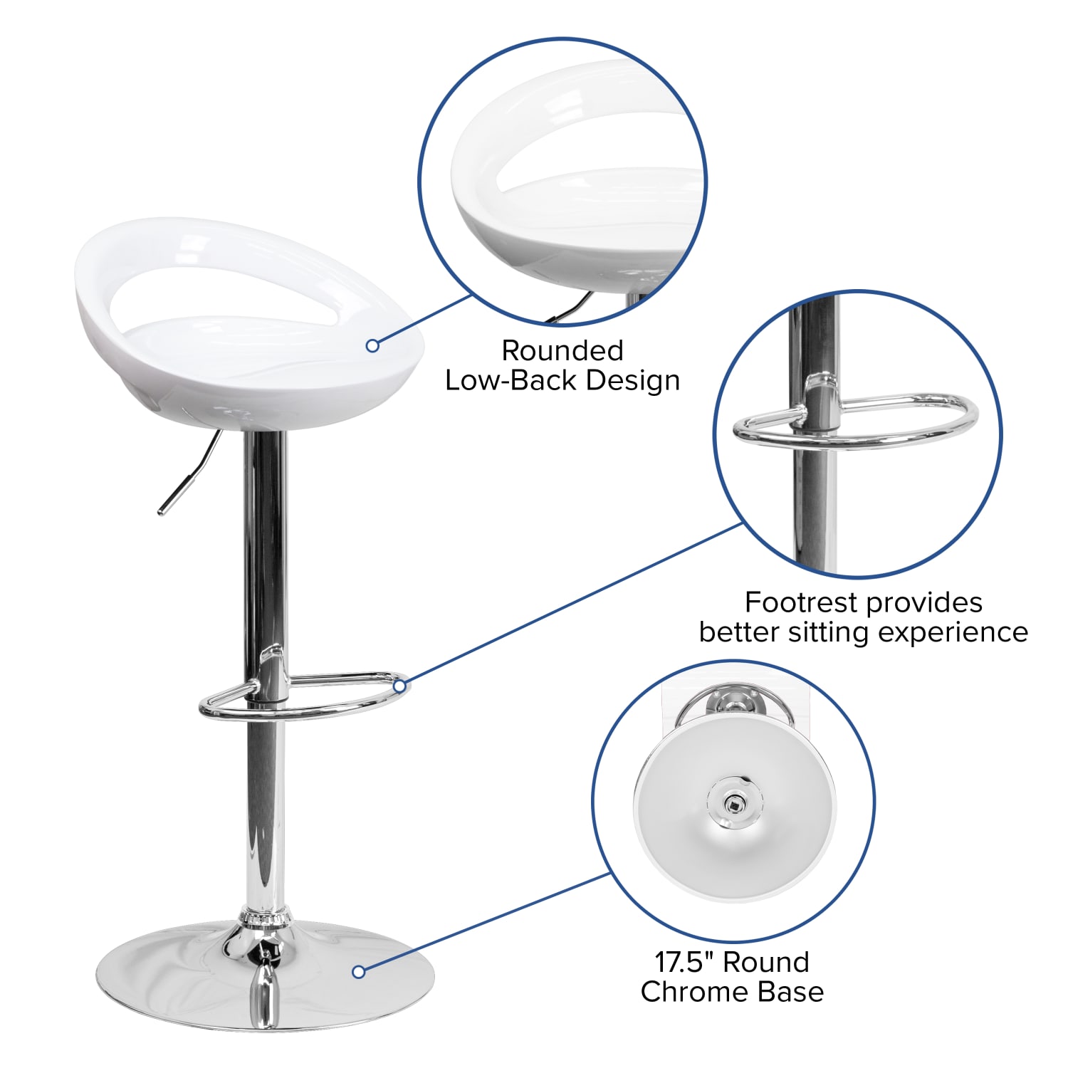 Flash Furniture Contemporary Plastic Adjustable Height Barstool with Rounded Cutout Back and Chrome Base, White - Image 4